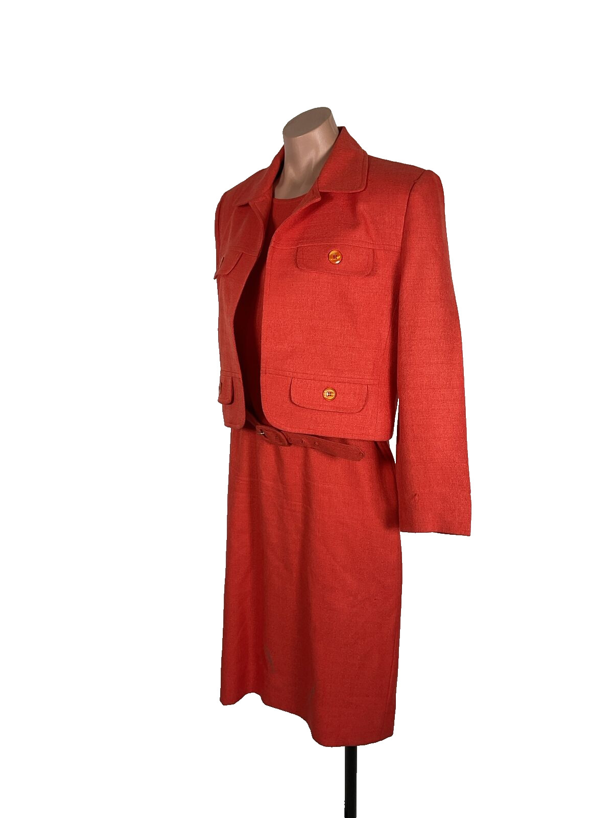 Henry Lee Dress Suit Sz 8 Petite, Coral Orange, made in USA, vintage 90’s Belted