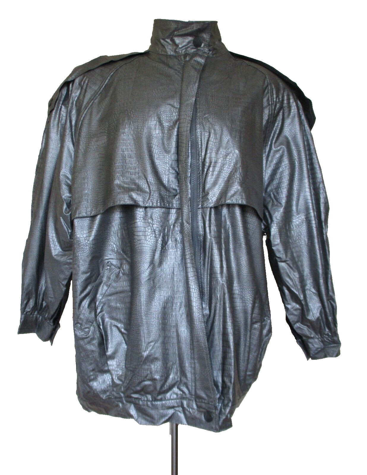 VINTAGE Kenn Sporn Wippette Raincoat Jacket L Women Pewter Mock Croc Vinyl