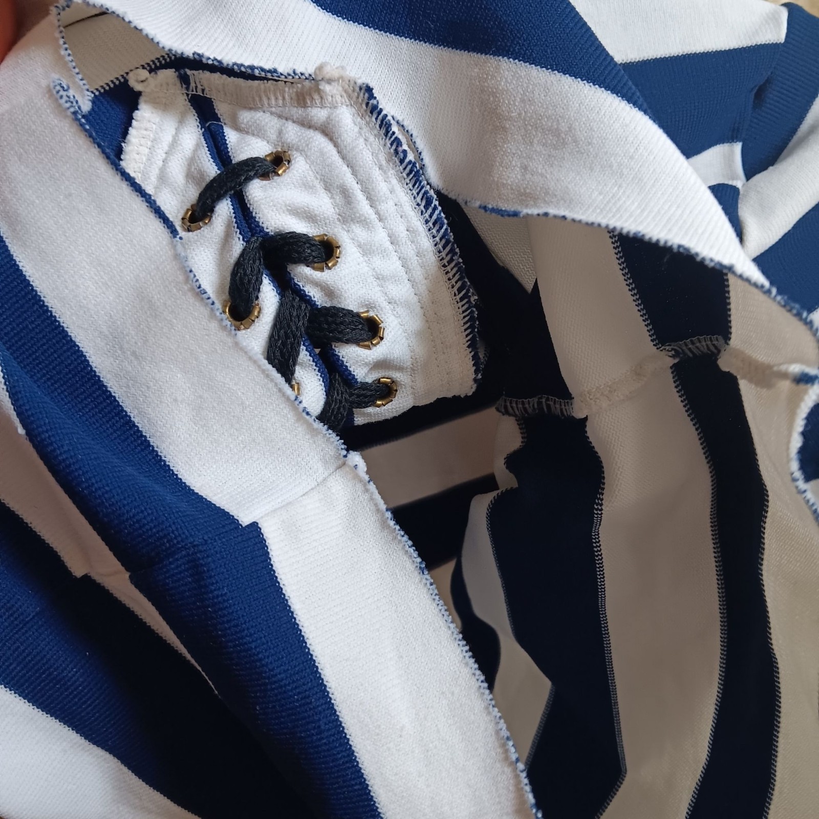 True Vintage 1970’s Lace-Up Top Striped Blue White Cropped Hippie Mod T-shirt