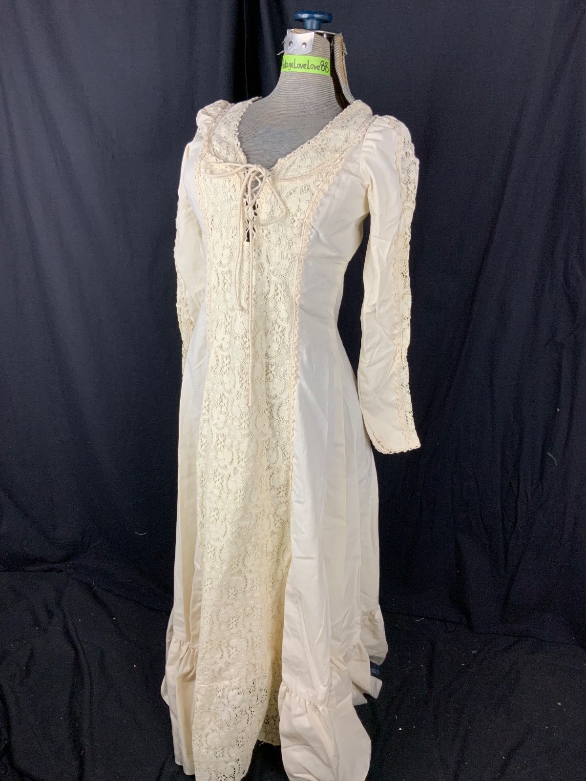 GUNNE SAX BY JESSICA Vtg 60s Ivory Lace Prairie BLACK LABEL Dress-Bust 33/2XS