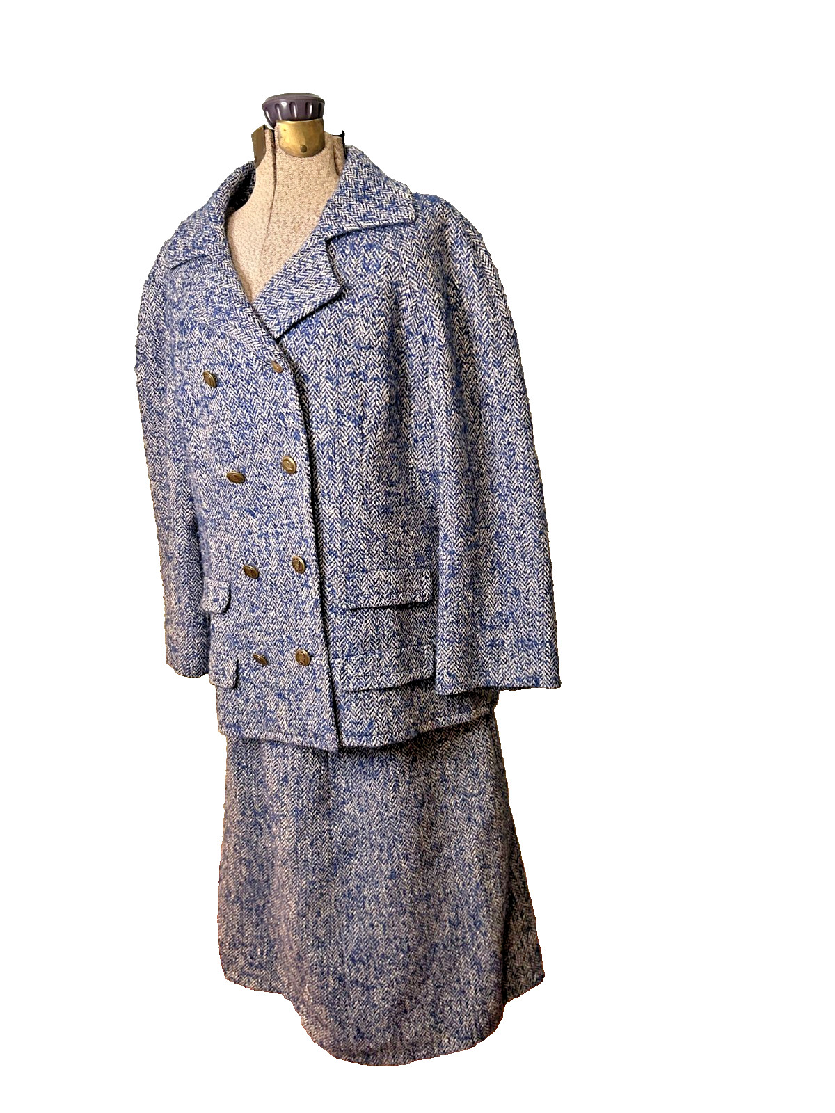 1950s Handmacher Bright Blue Herringbone Tweed Suit Pea Coat + Skirt L Academia