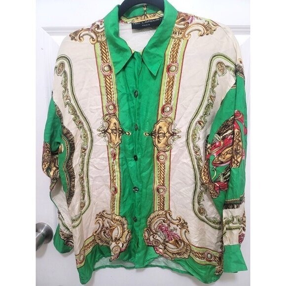 VTG Ted Lapidus Paris Scarf Print Blouse Women’s M Green Equestrian Preppy Shirt