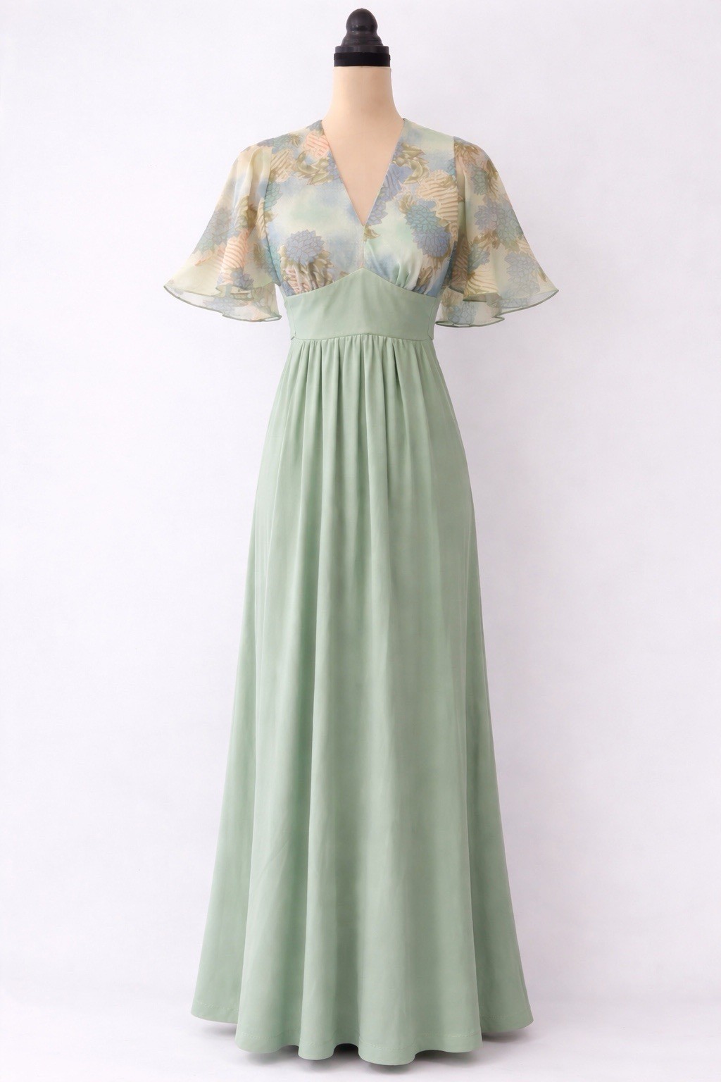 Vintage 70s Angel Sleeve Floral Lady Maxi Jade Green Dress Hippie Small Unique