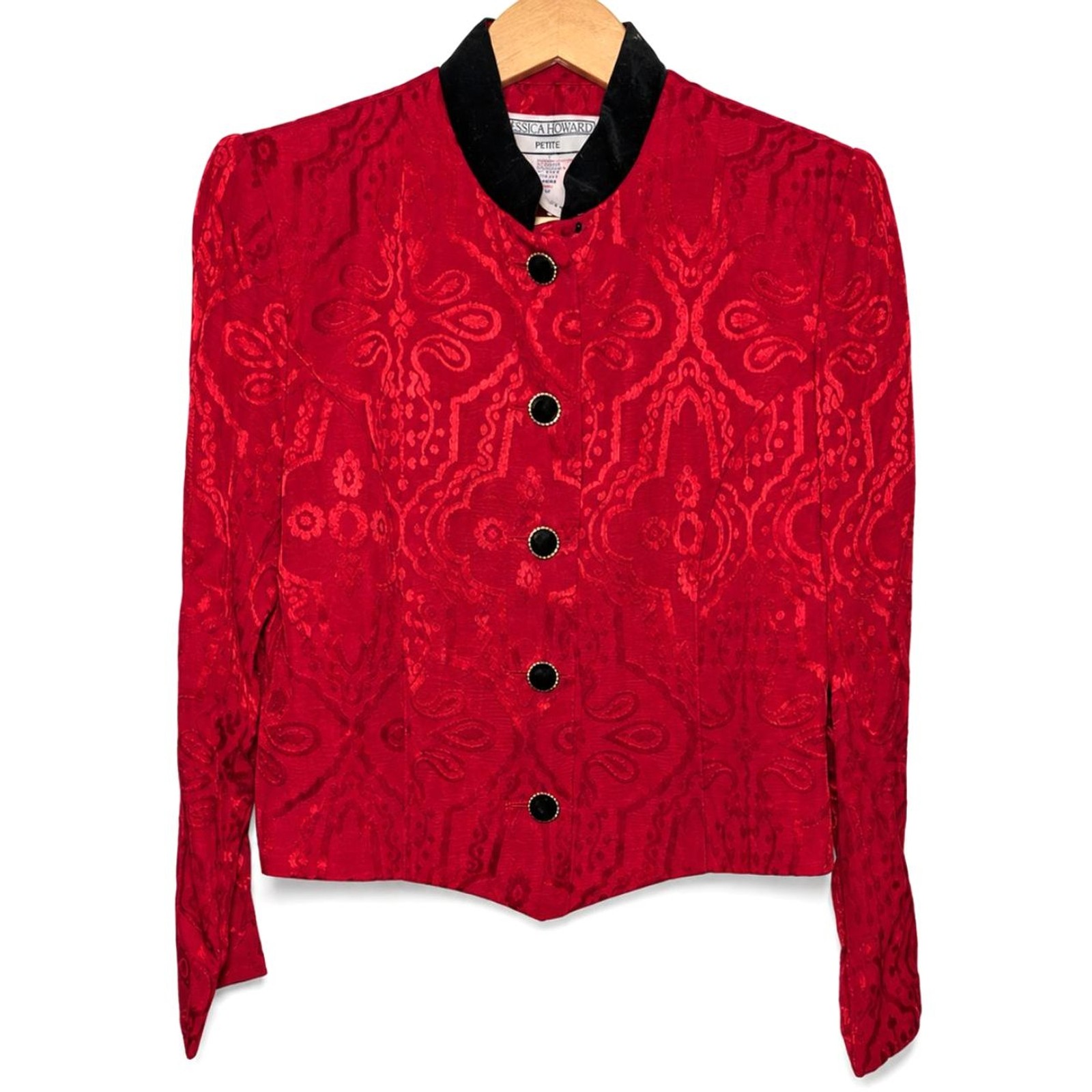 Vintage Jessica Howard Petite 8 Red Jacquard Velvet Collar Cropped Jacket