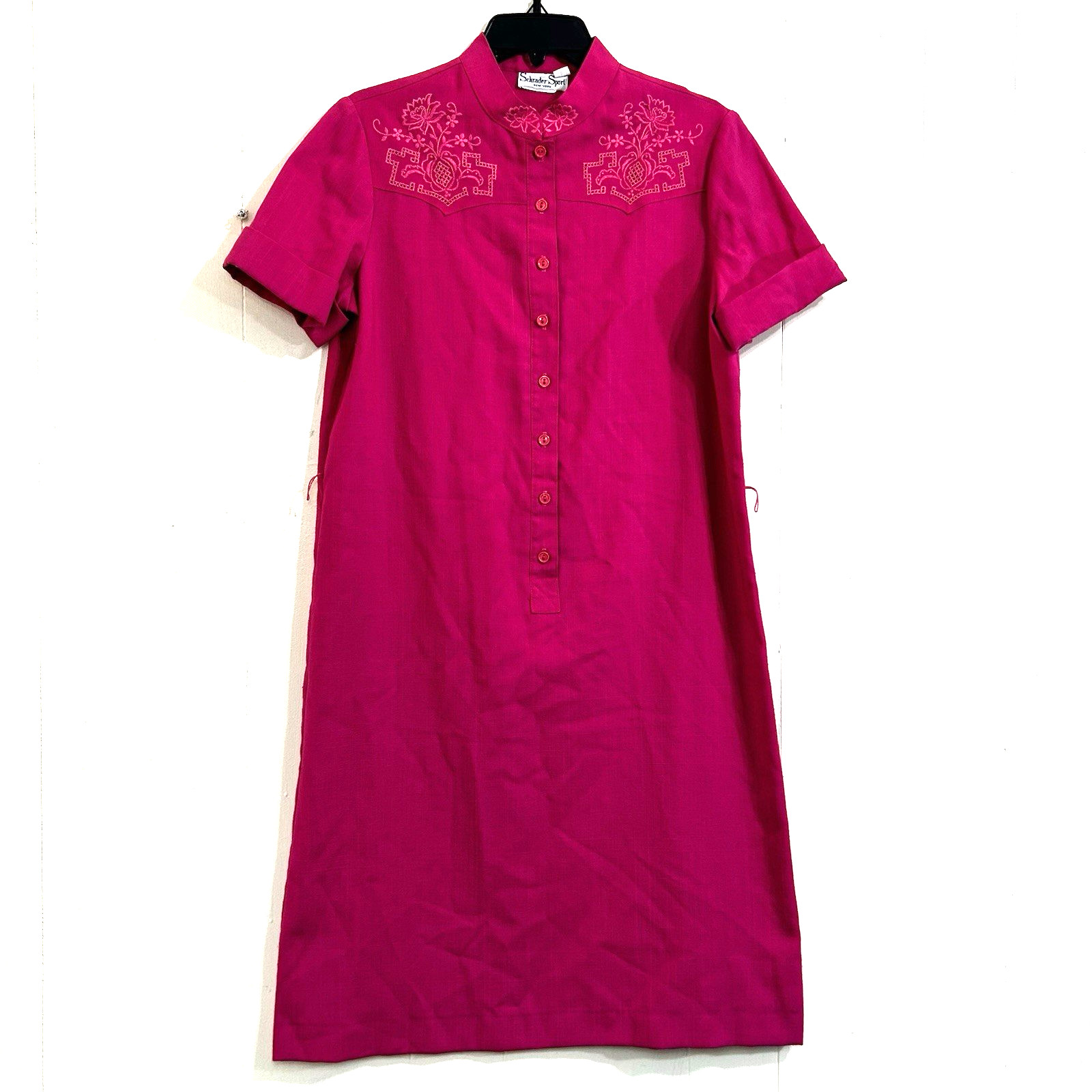 Vintage 70’s Schrader Sport Midi Dress Size 14 Hot Pink Embroidery Texture Dress