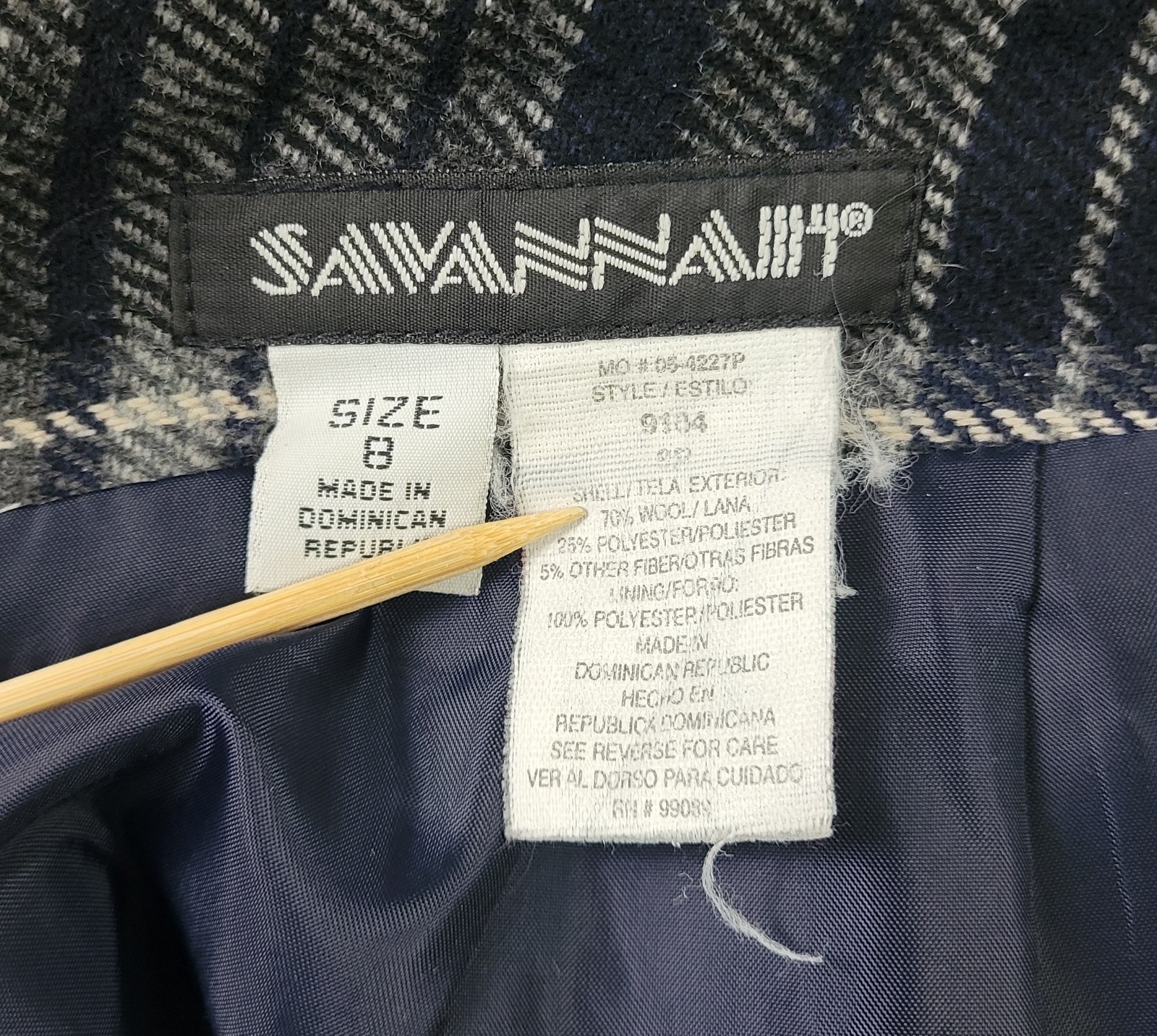 Vintage Savannah Navy/Lt Grey/Dark Grey Plaid Wool Blend Pencil Skirt Size 8