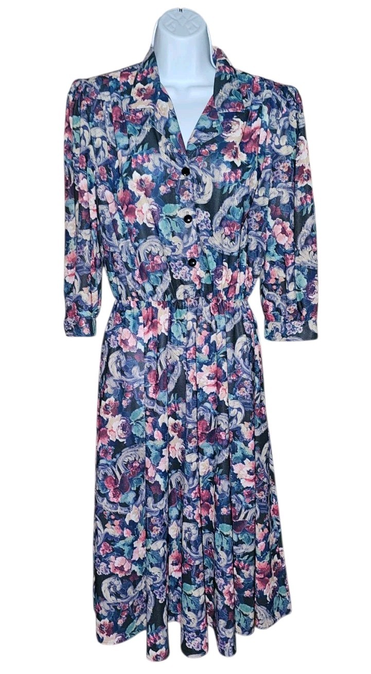 VTG California LOOKS Elastic Waist Button Up Front Floral 3/4 Sleeve Dress 12