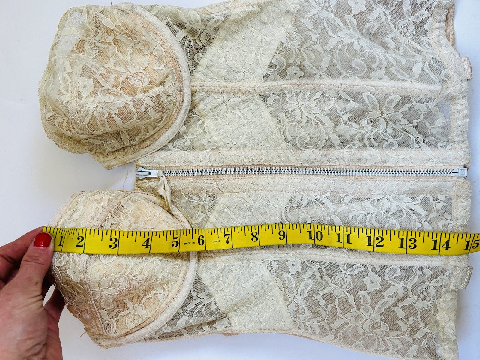 Vintage 40s Corset Top Bustier Womens 36B Lace Top Sheer Lace Zip Boning