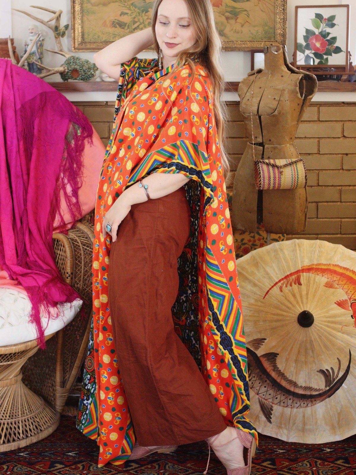 1960s Maxi Caftan Poncho Cape Psychedelic Pussy Bow Neck Phoenix Print Freesize