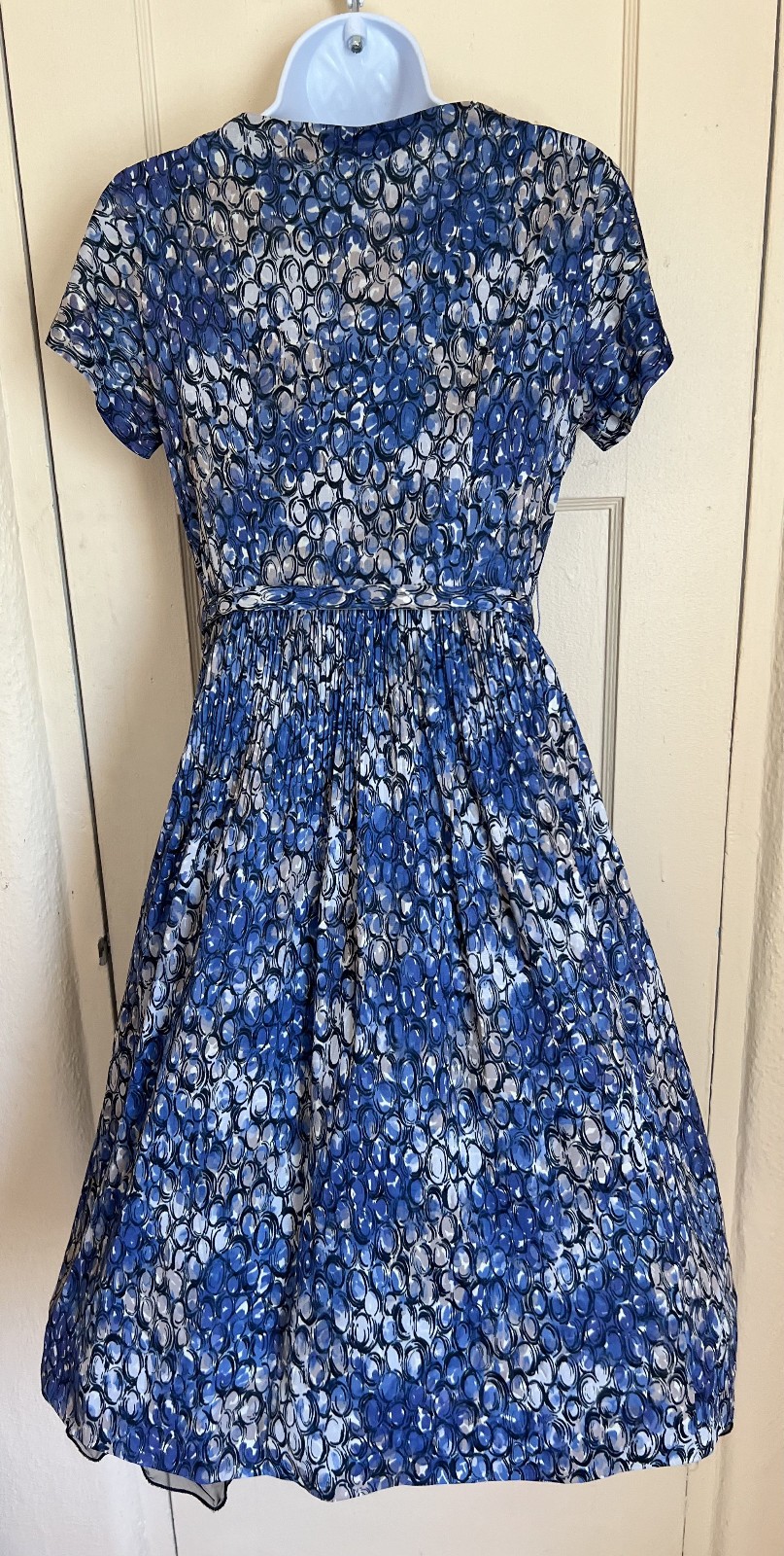 Vintage blue geometric 50s soft knit dress Fancy collar rhinestones belt Size L