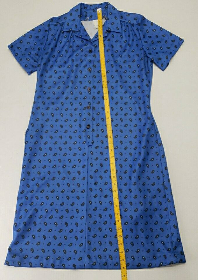 VTG Nancy Frock Wear Anywhere Dress Sz 14 Blue Floral Paisley Short Sleeve Belt