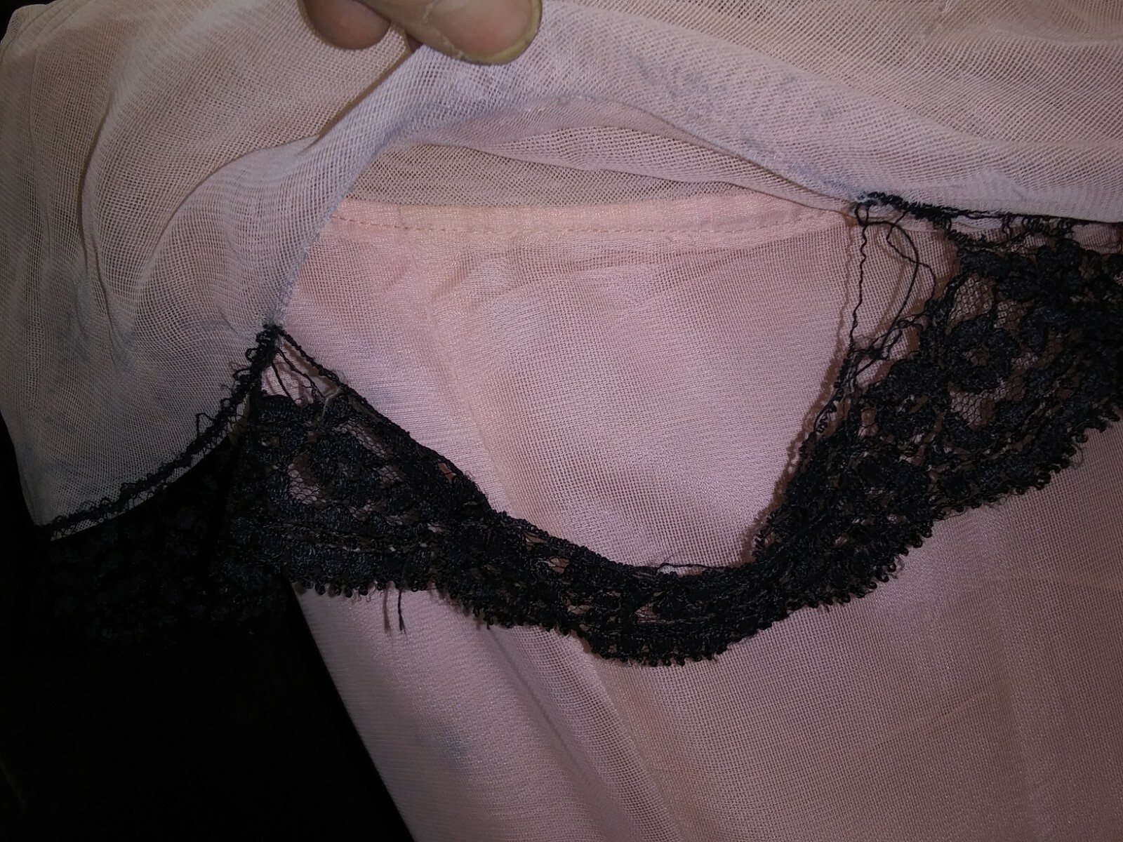 1950’s Pink Fine Mesh Acetate Black Lace Evening Gown by Beautime Medium As Is