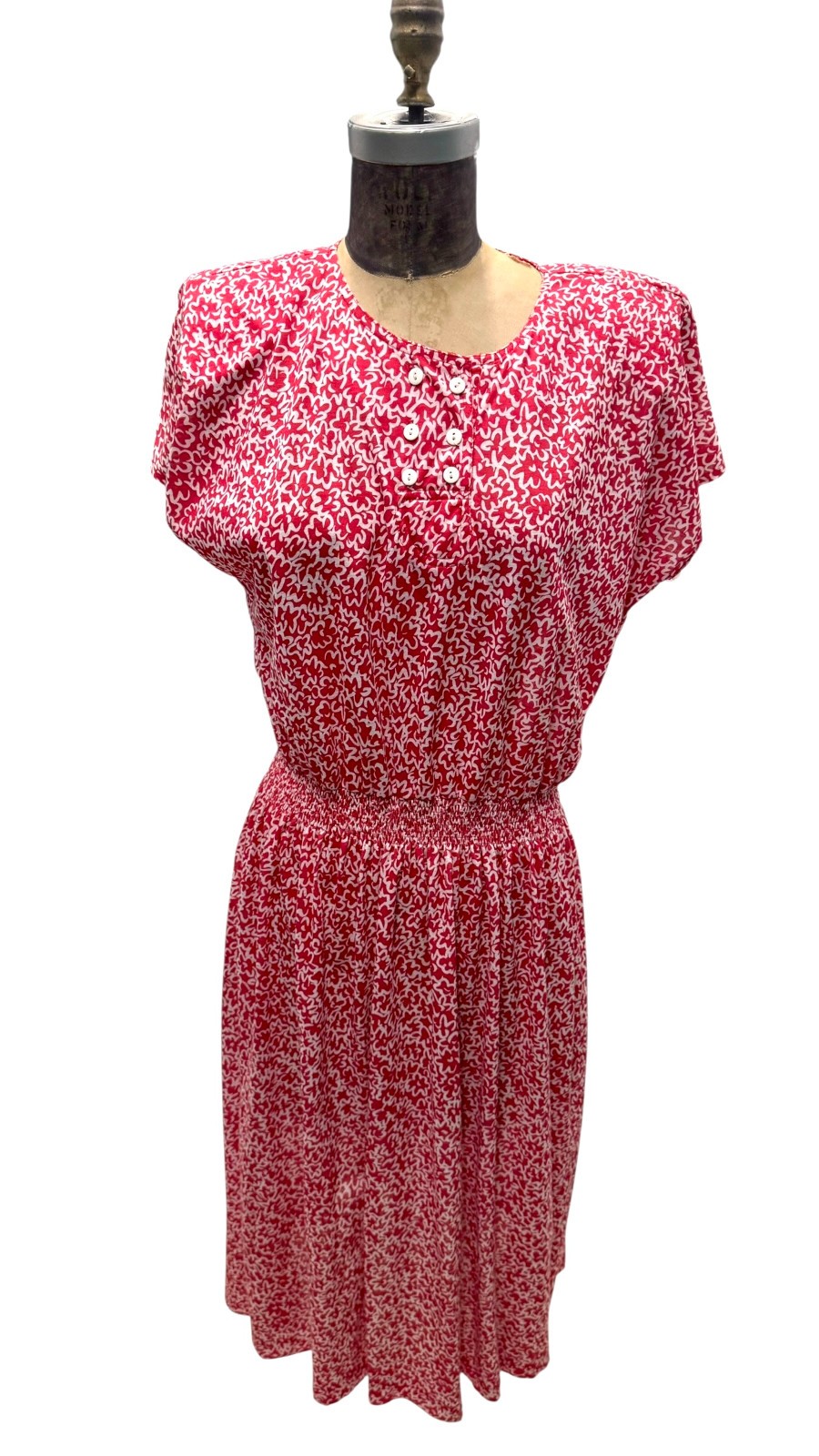 Vintage 1980s Darian Womens Sz 12 Midi lLength Short Sleeve Red White Dress