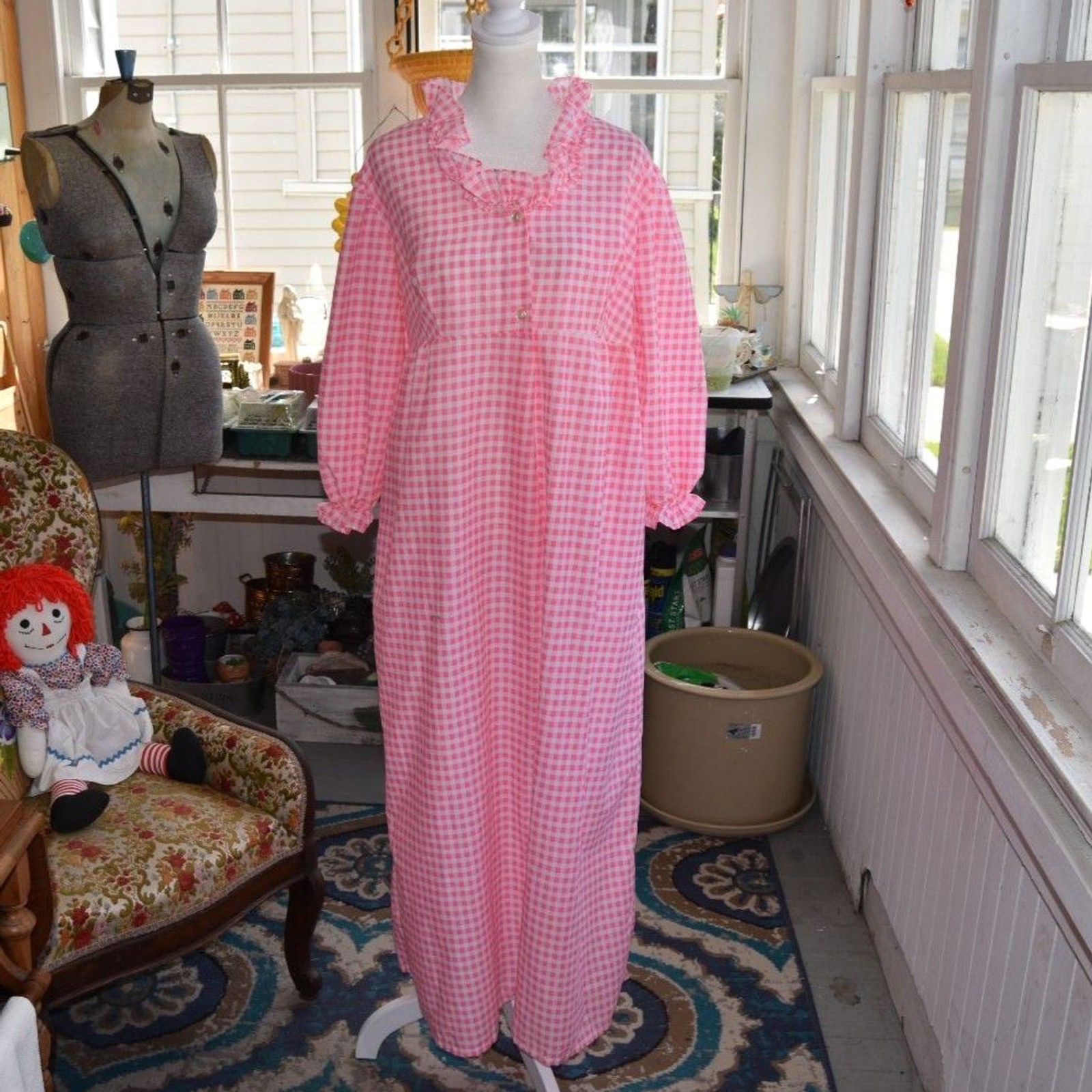 Vintage Pink Gingham Housecoat Prairie Maxi Dress Cottagecore L XL 18-20