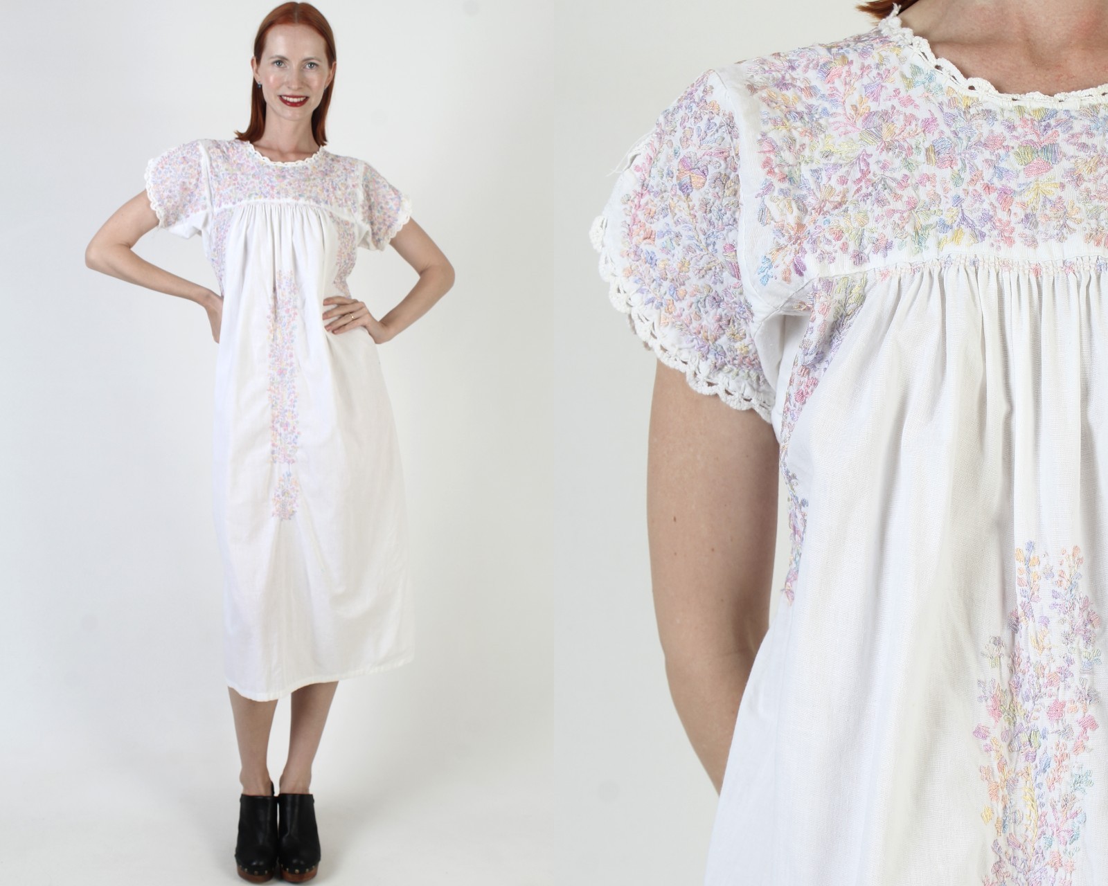 White Hand Embroidered Oaxacan Dress Traditional Pastel Mexican Puebla Kaftan