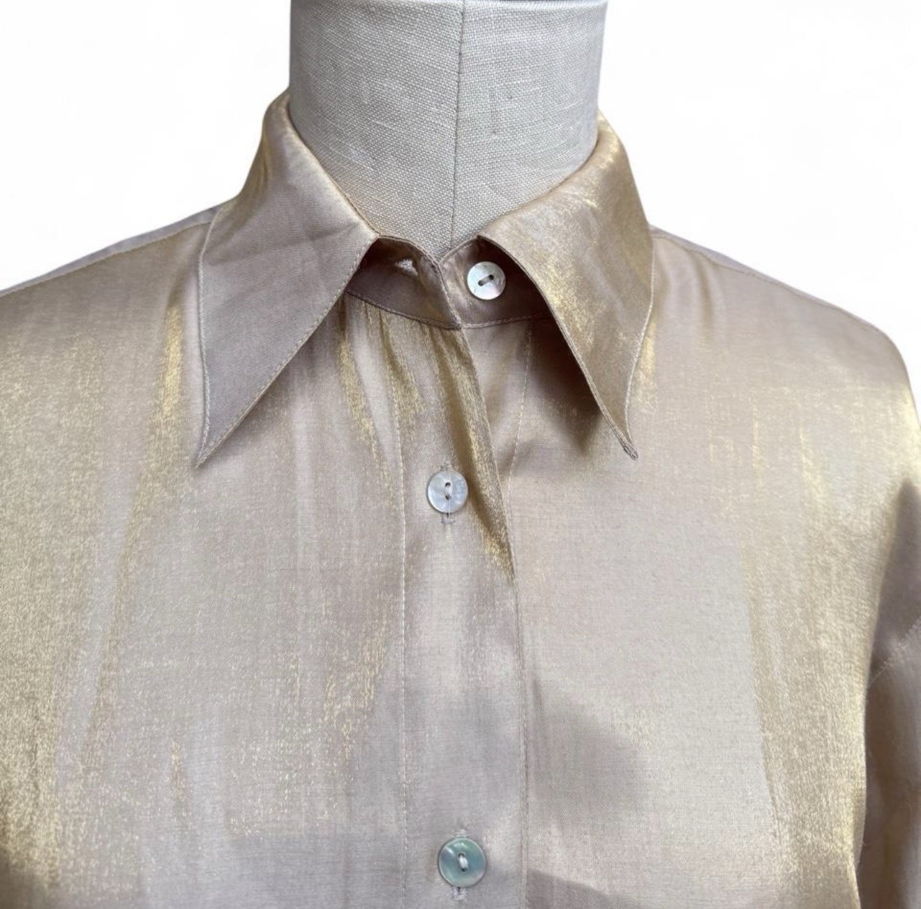 Vintage Gold Iredescent Button Up Long Sleeve Blouse Point Collar S Medium 80’s