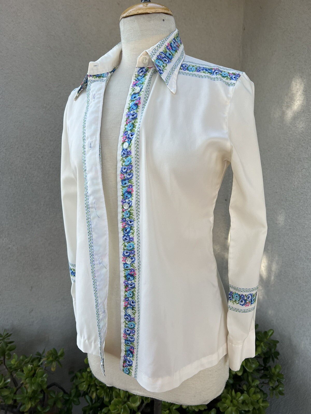 Vtg Blouse sheer white pink blue floral trim Small By Loubella