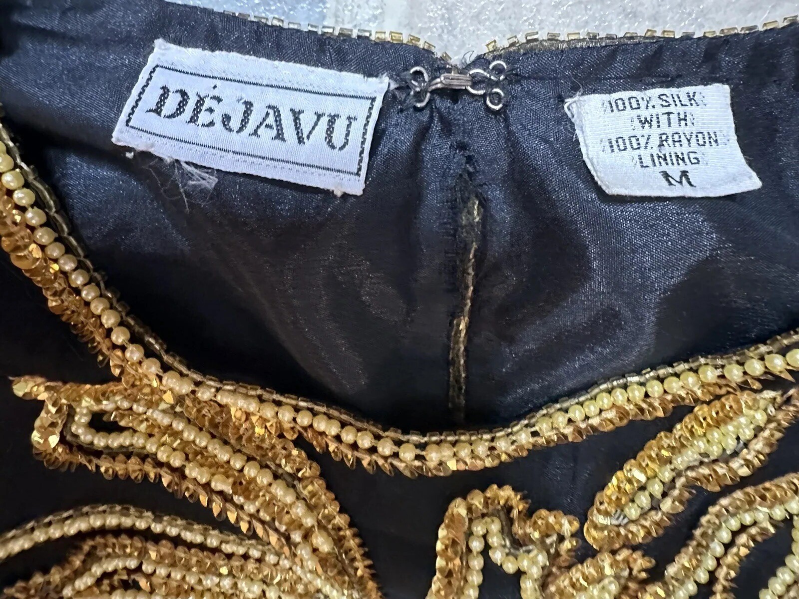 80s DEJAVU Silk Black And Gold Beaded Glam Sequin Top Woman Medium