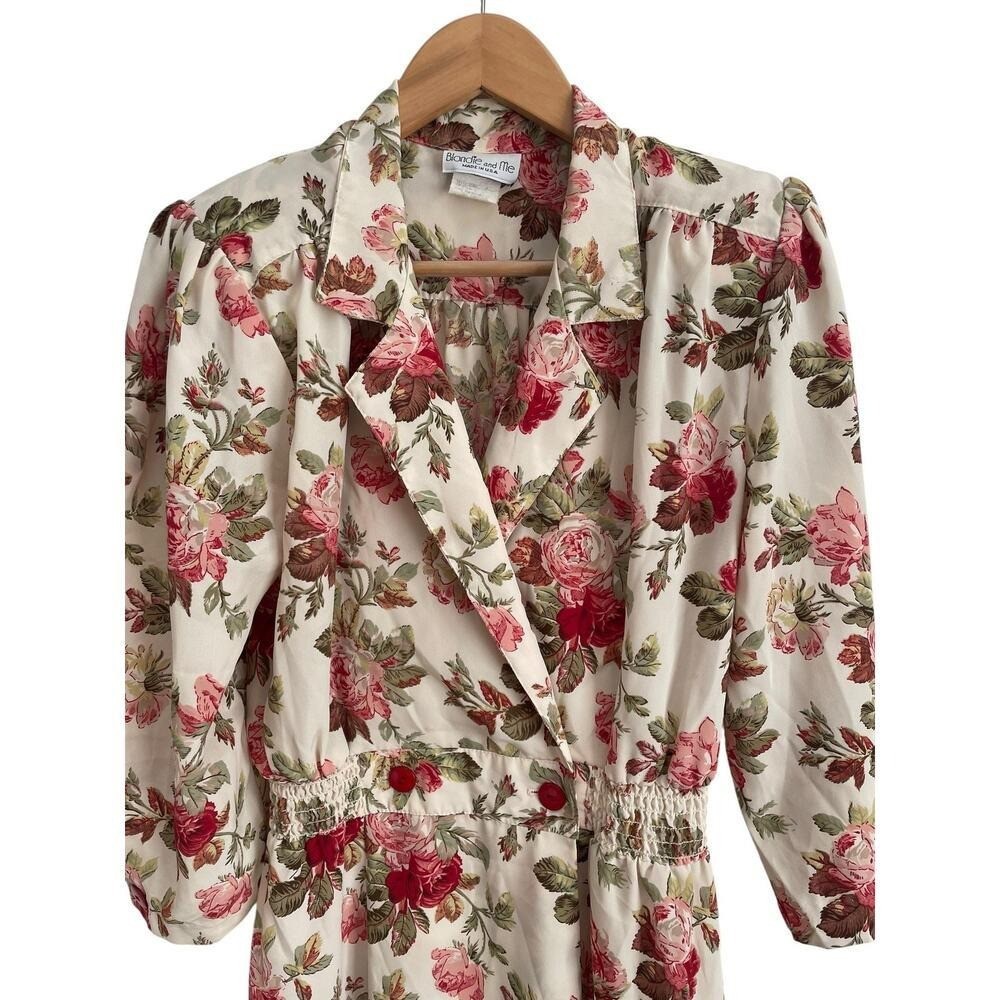 Vintage 80s Floral Cottagecore Midi Dress Women Size 11/12 Rose Print Prairie
