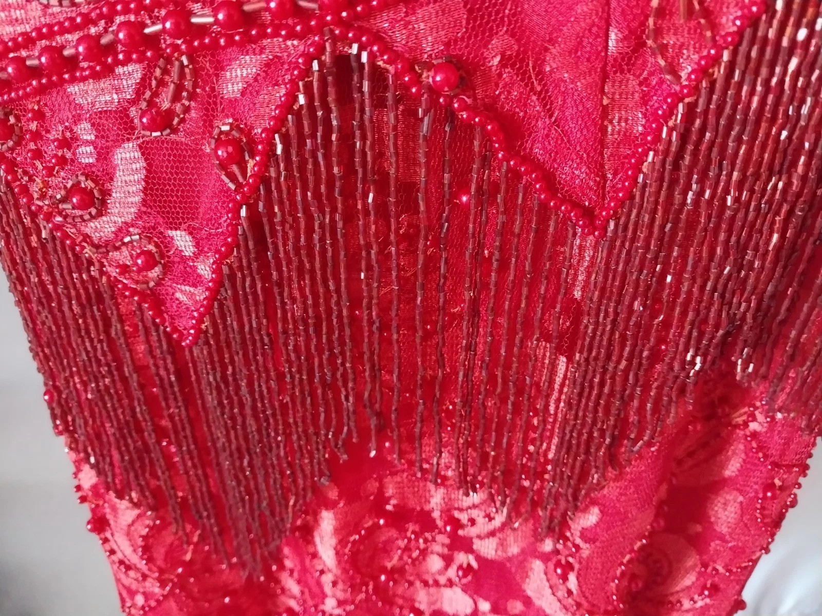 VTG FLAPPER BEADED FRINGE RAGTIME GATSBY 20S STYL RED SKIRT BLOUSE DRESS SET 42