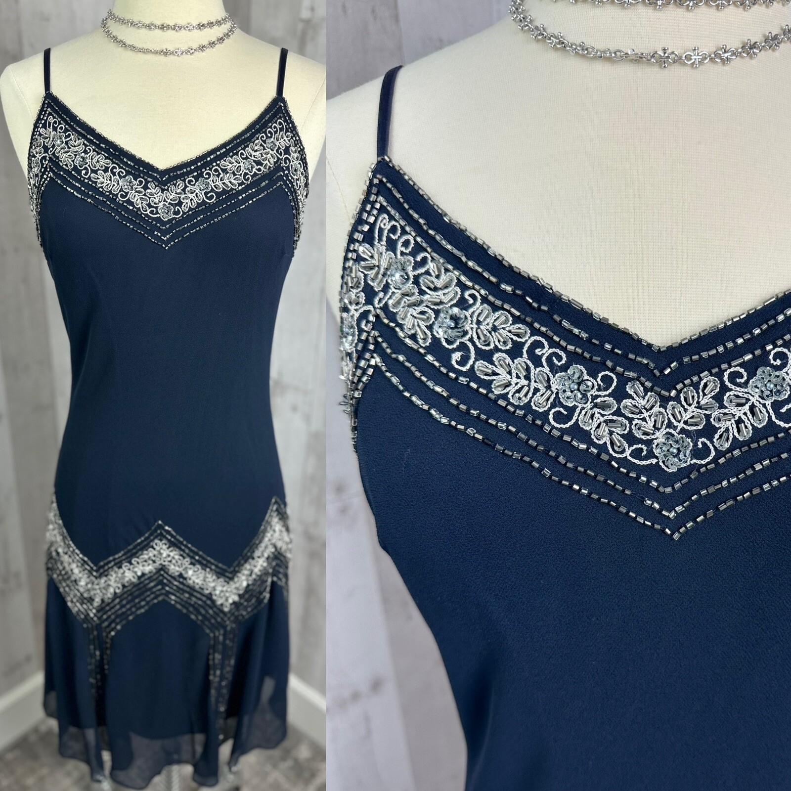 Vintage 90s J Kara Beaded Slip Dress Bias Cut Chiffon Overlay Flapper Dance Y2K
