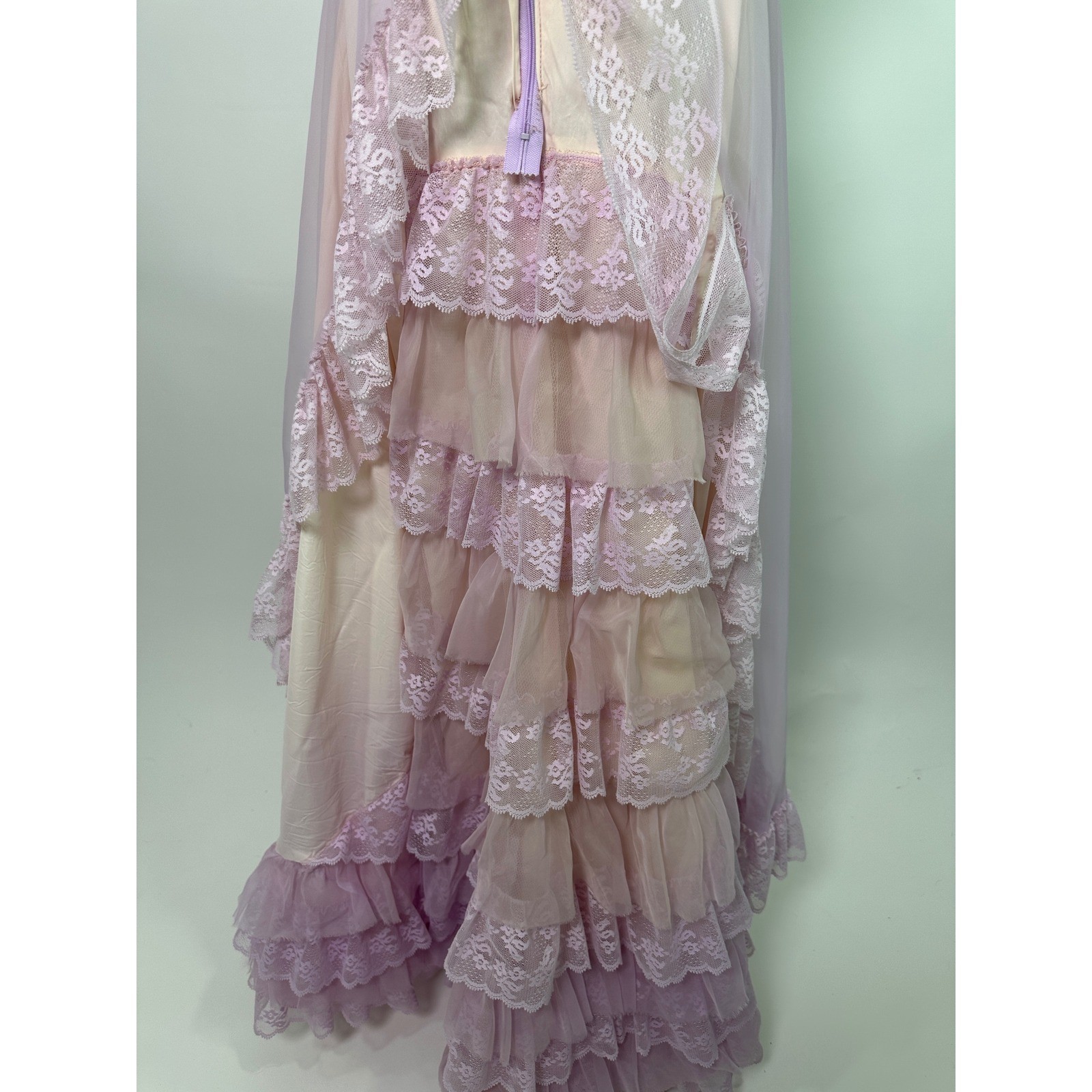 Vintage 70s Lilac Prairie Cottagecore Cupcake Dress Tulle Lace Boho Maxi Gown