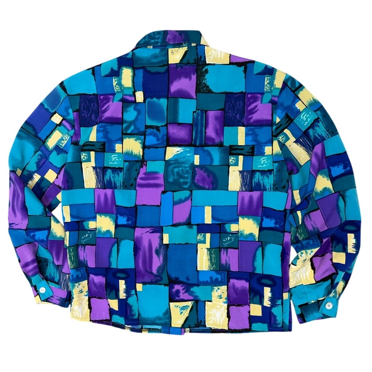 Vintage 80s Women’s Medium Sears Geometric Blouse Purple Teal Button Front Shirt