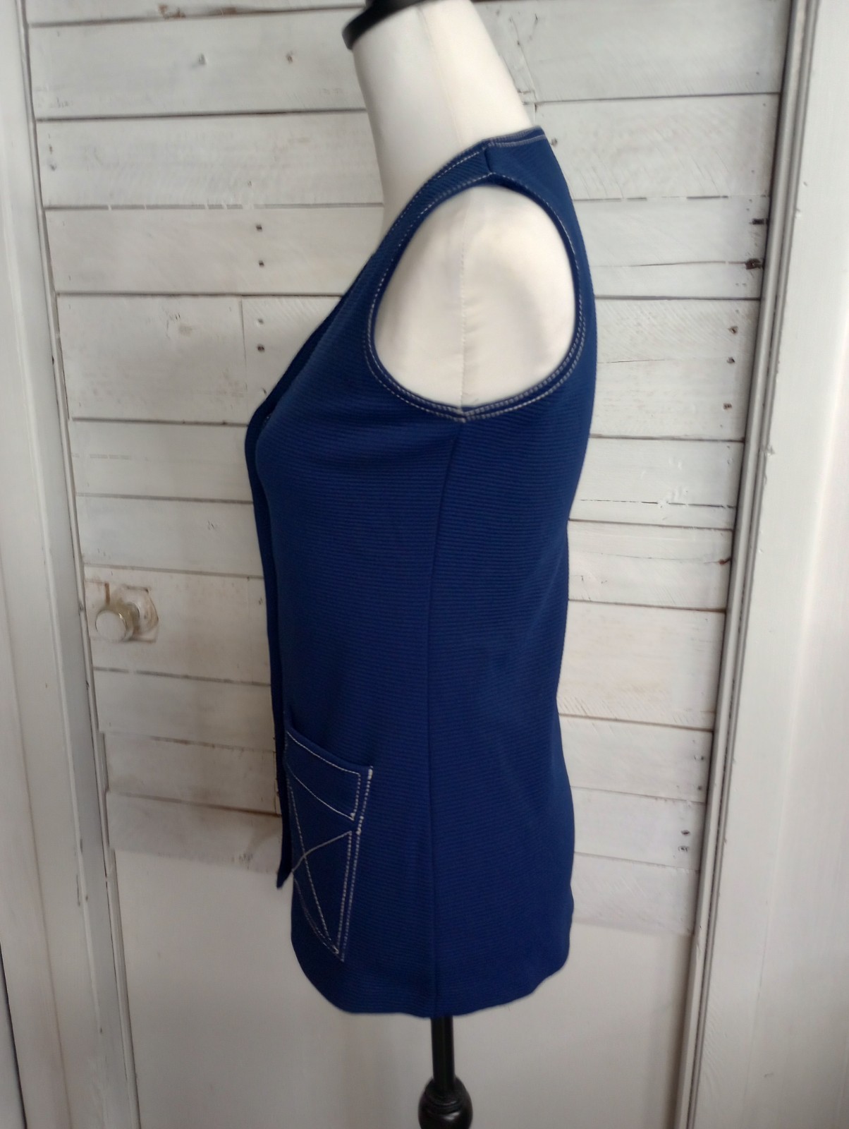Vintage 70s Women’s Blue Vest Top Size Small Pockets Button Up Disco Boho