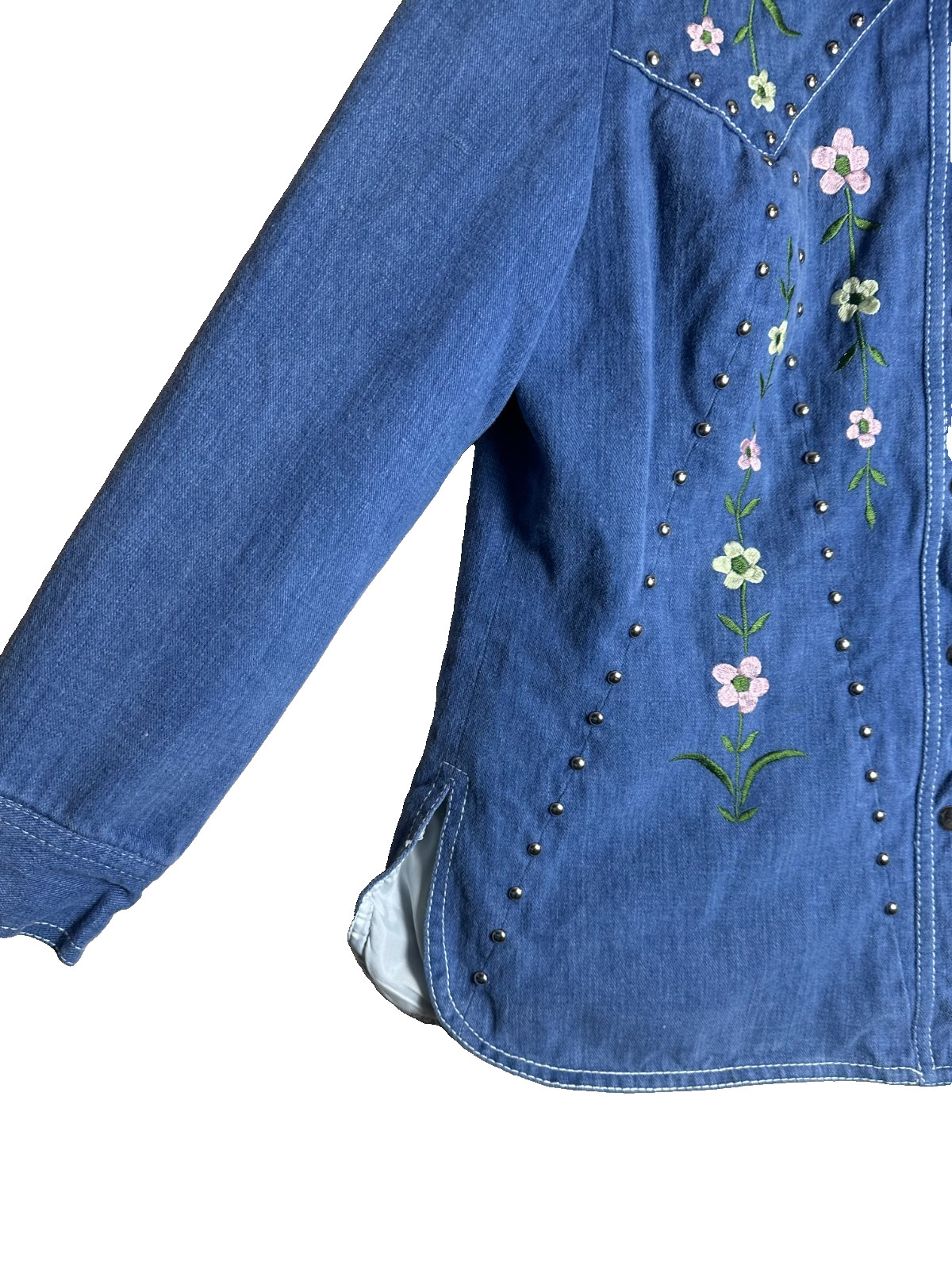 70s Vintage Gina Teresa Studded Denim Jacket w Floral Embroidery 16