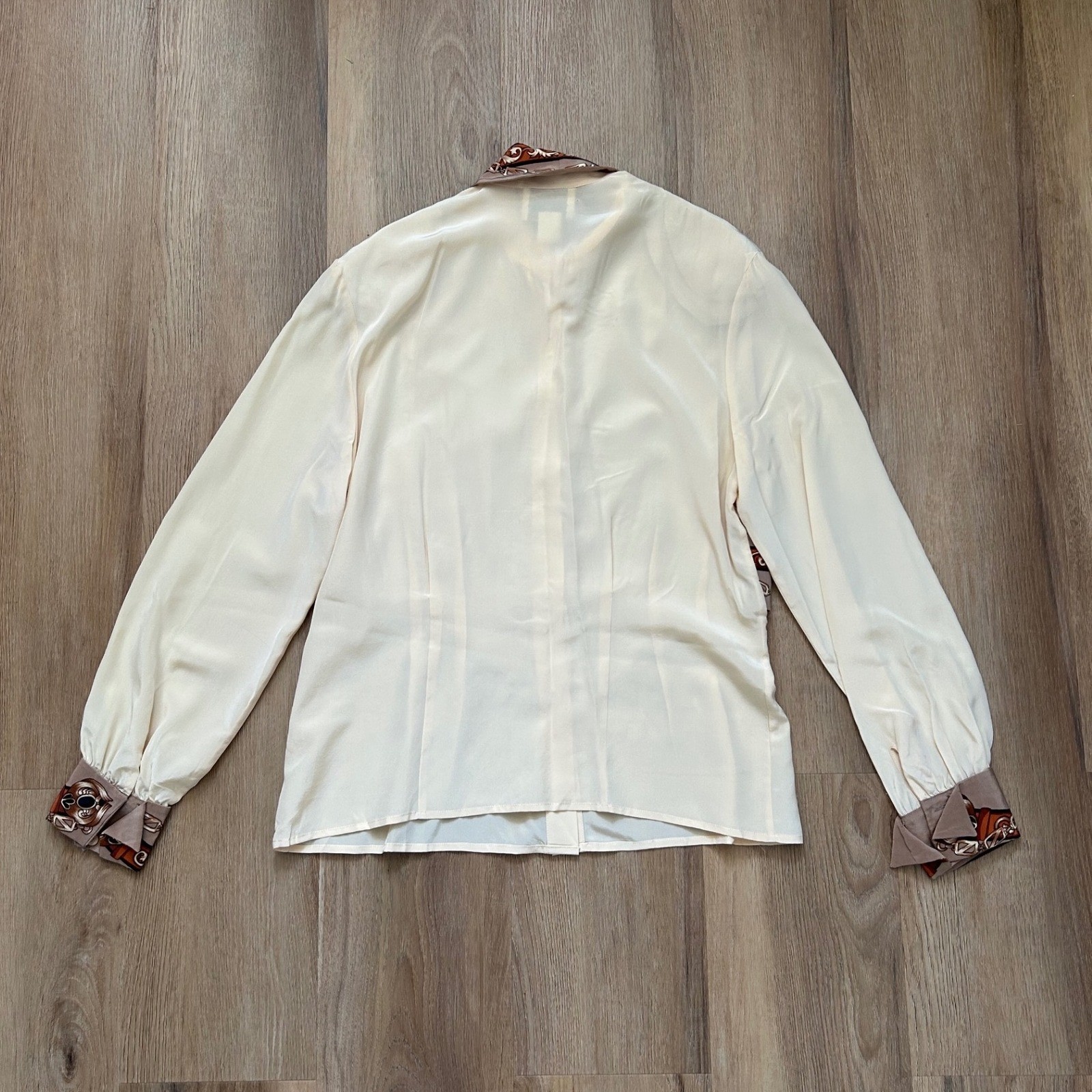 Francesca of Damon Vintage 100% Silk Blouse Trompe Loeil Vest Print Cream 10