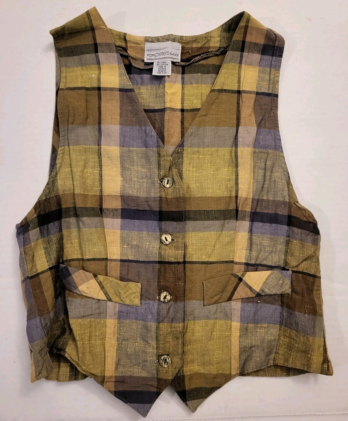VTG For Pete’s Sake Womens Sz S Lime Green Linen Plaid Vest Back Buckle Romania