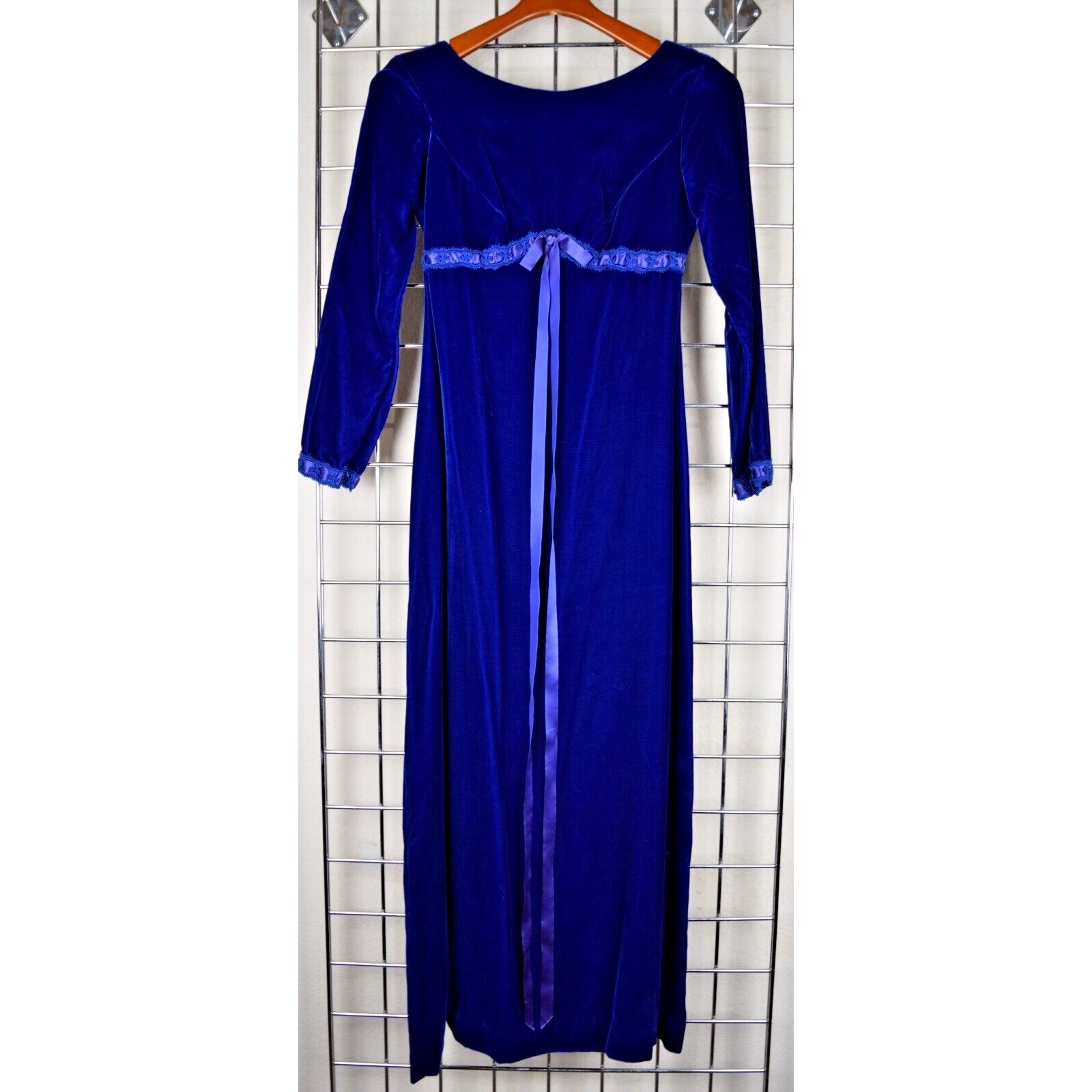 Vintage Dress Size S 70s Blue Velvet Ribbon Trim Empire Waist Button Back