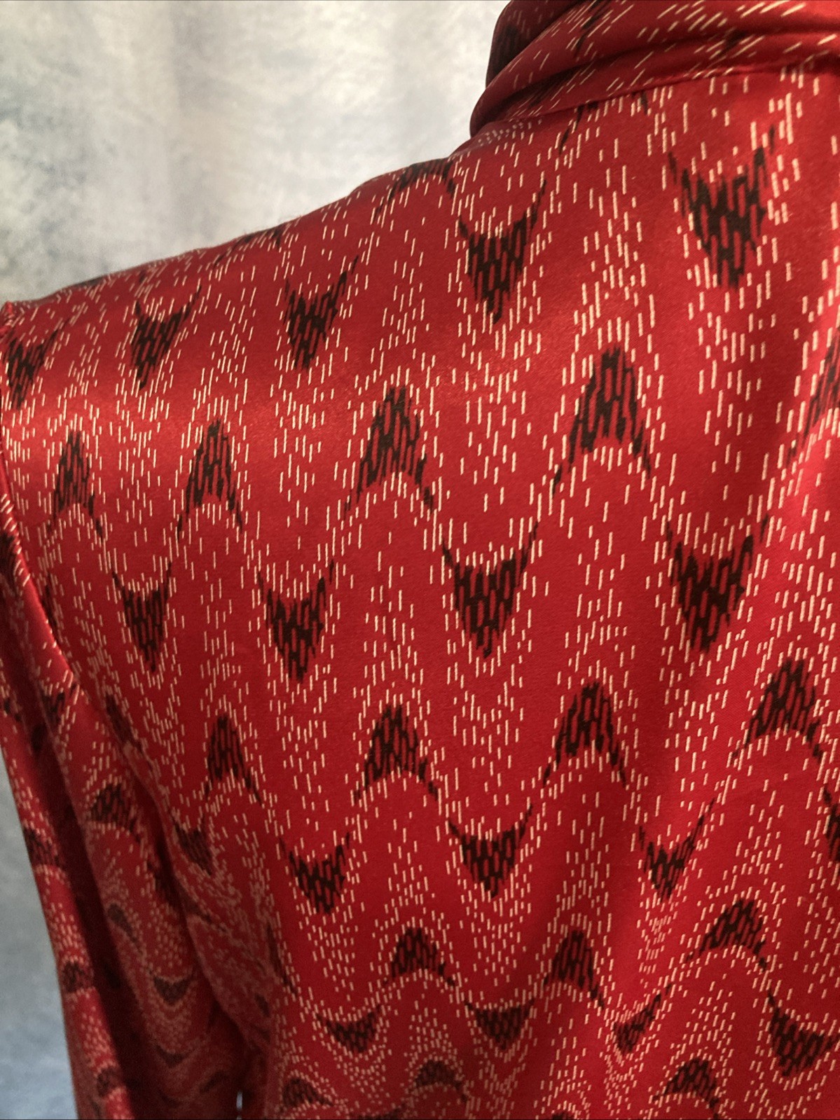 VTG 70s Weathervane Secretary Blouse Asymmetric Button Red Ikat Chevron Tie Neck