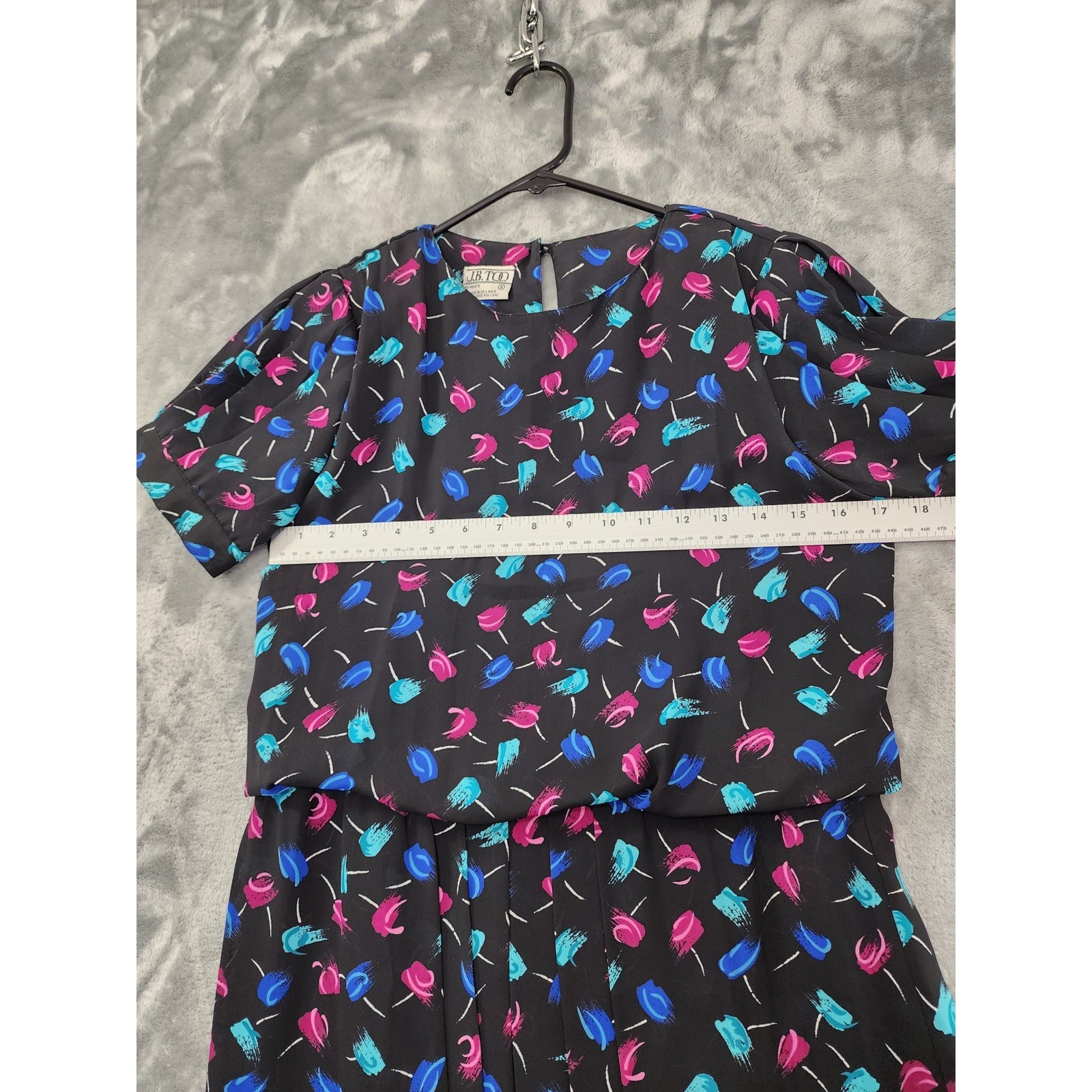 Vintage 80s JB Too Abstract Floral Blouson Pleated Day Dress Size 8 Black Pink