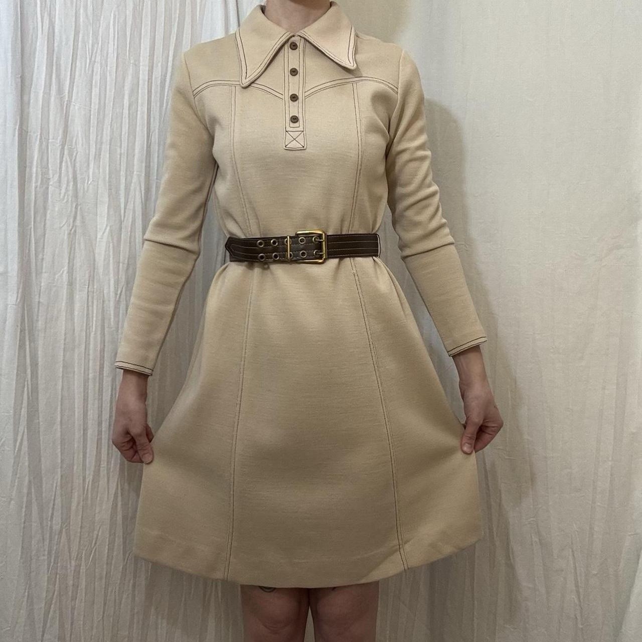 Tan Collared Brown Belted Dress Brown Stitching Vintage 70s Jonathan Logan Sz S