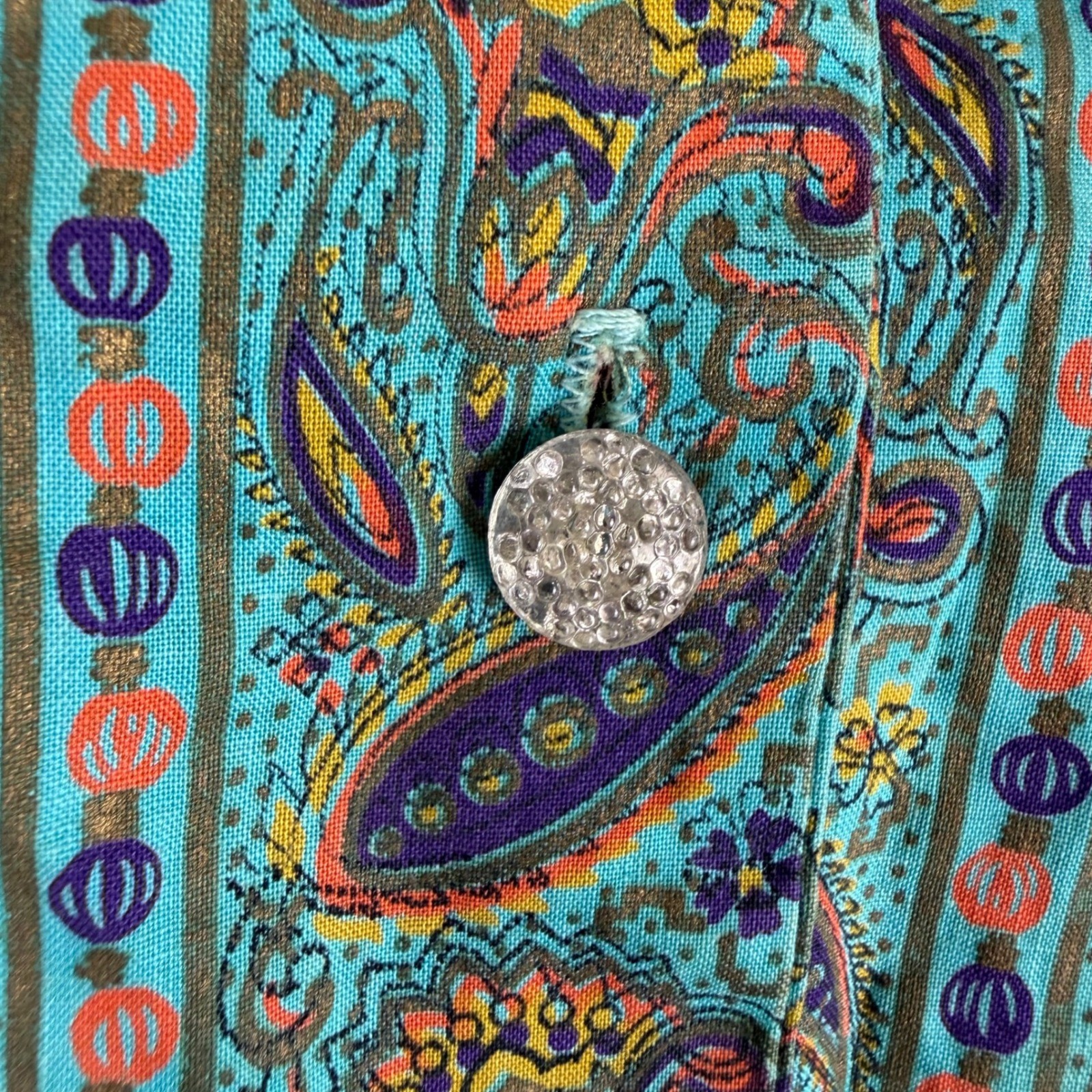 50s 60s Crop Top Teal Paisley 3/4 Sleeve Tie Hem Sz 32 DISTRESSED AS IS