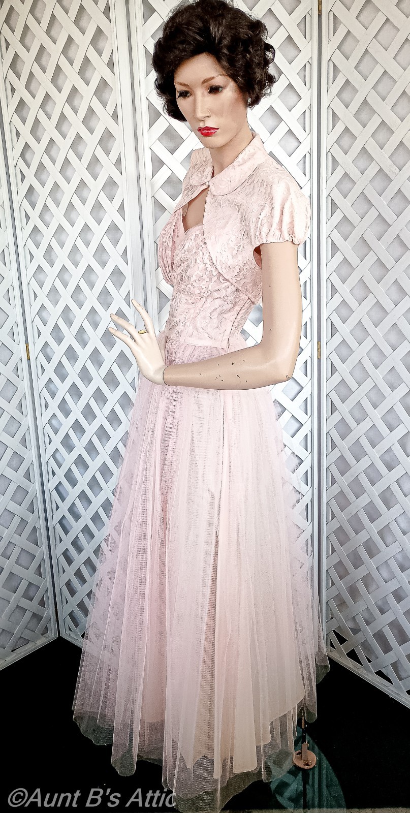 Pretty Pastel Pink Vtg 50’s 2Pc Lace & Tulle Formal/Wedding/Prom/Party Gown XSm