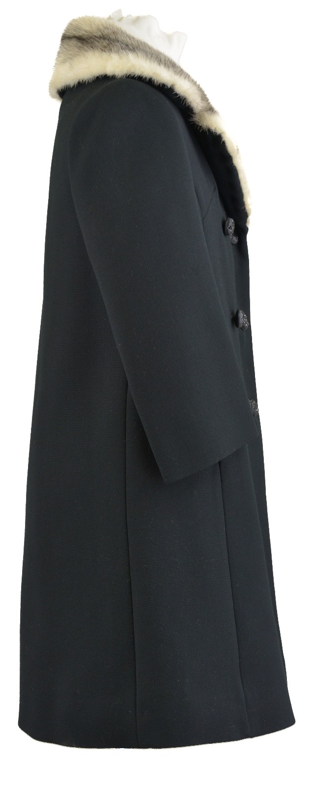 Vintage Double Breasted Black Wool Blend Coat, Black and Ivory Mink Fur Collar