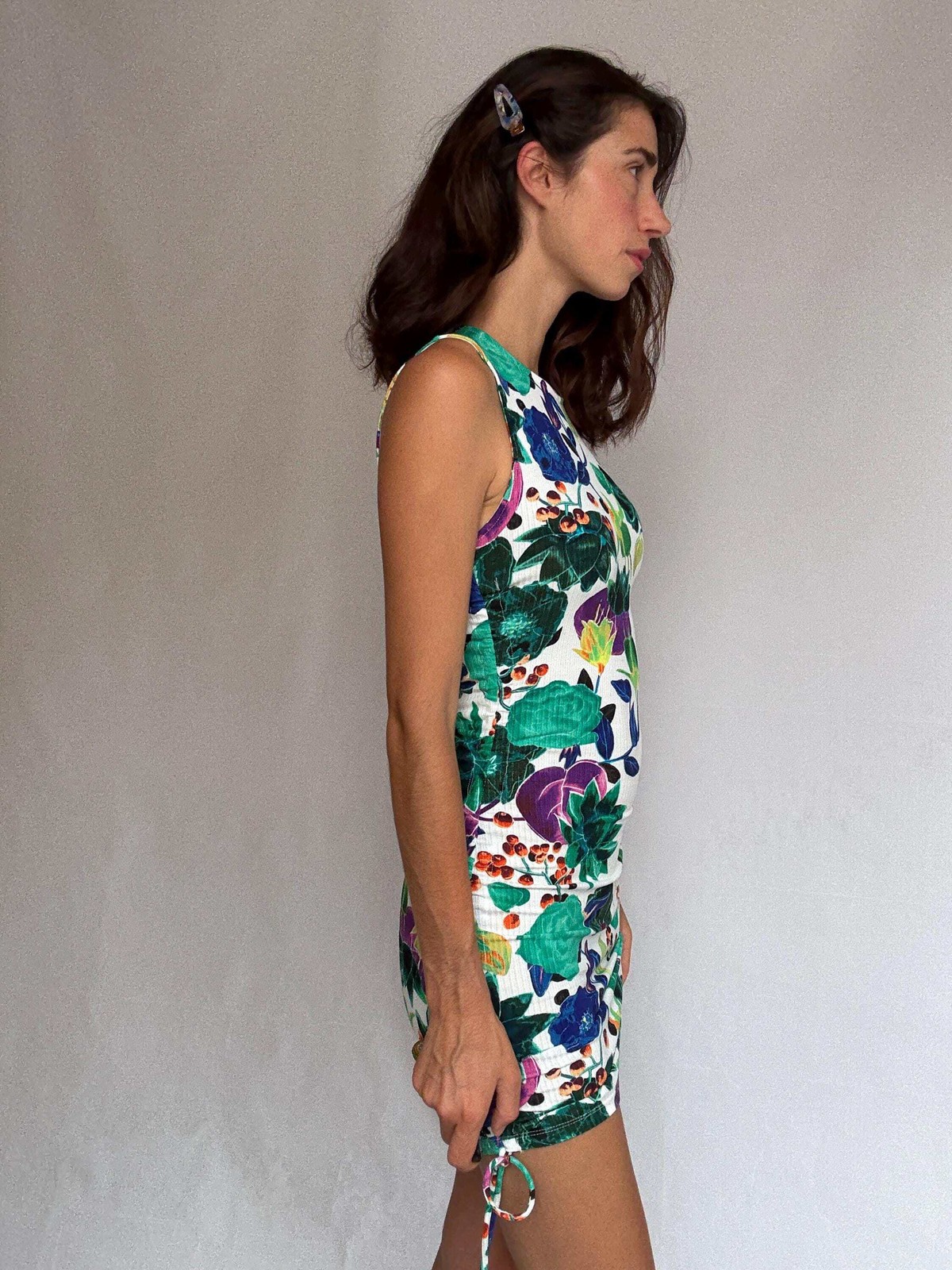 Desigual floral mini dress, feminine fitted silhouette, ribbed texture, adjustab
