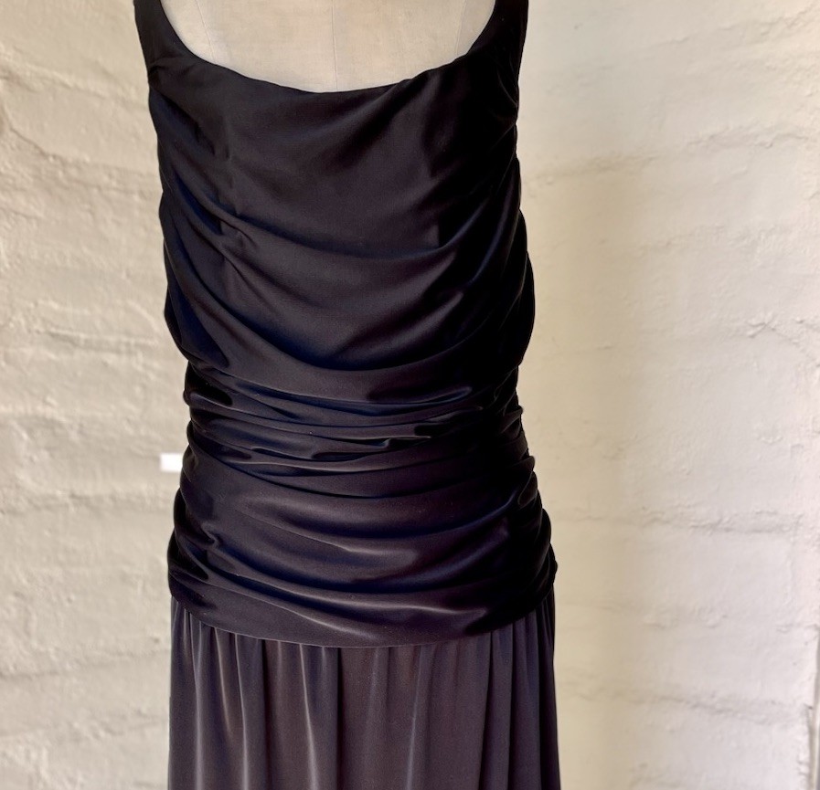 Vintage 70s 80s Slinky Disco Black Cocktail Dress Sz 14 Ruched Glam Midi Party