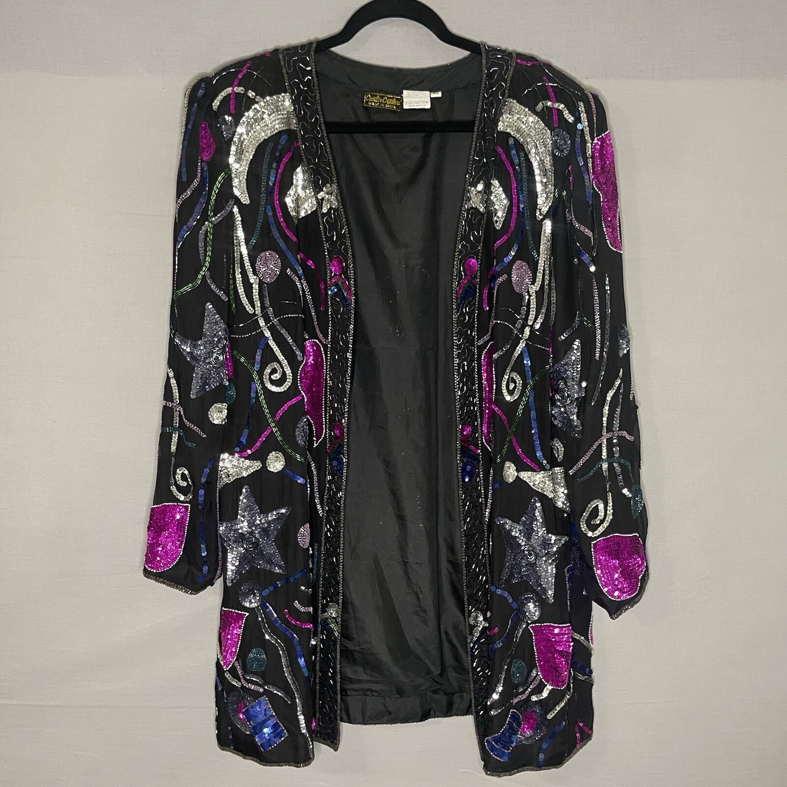 Vintage Creative Creations Beaded Sequin Glamour Jacket Stars Moon Heart Size XL