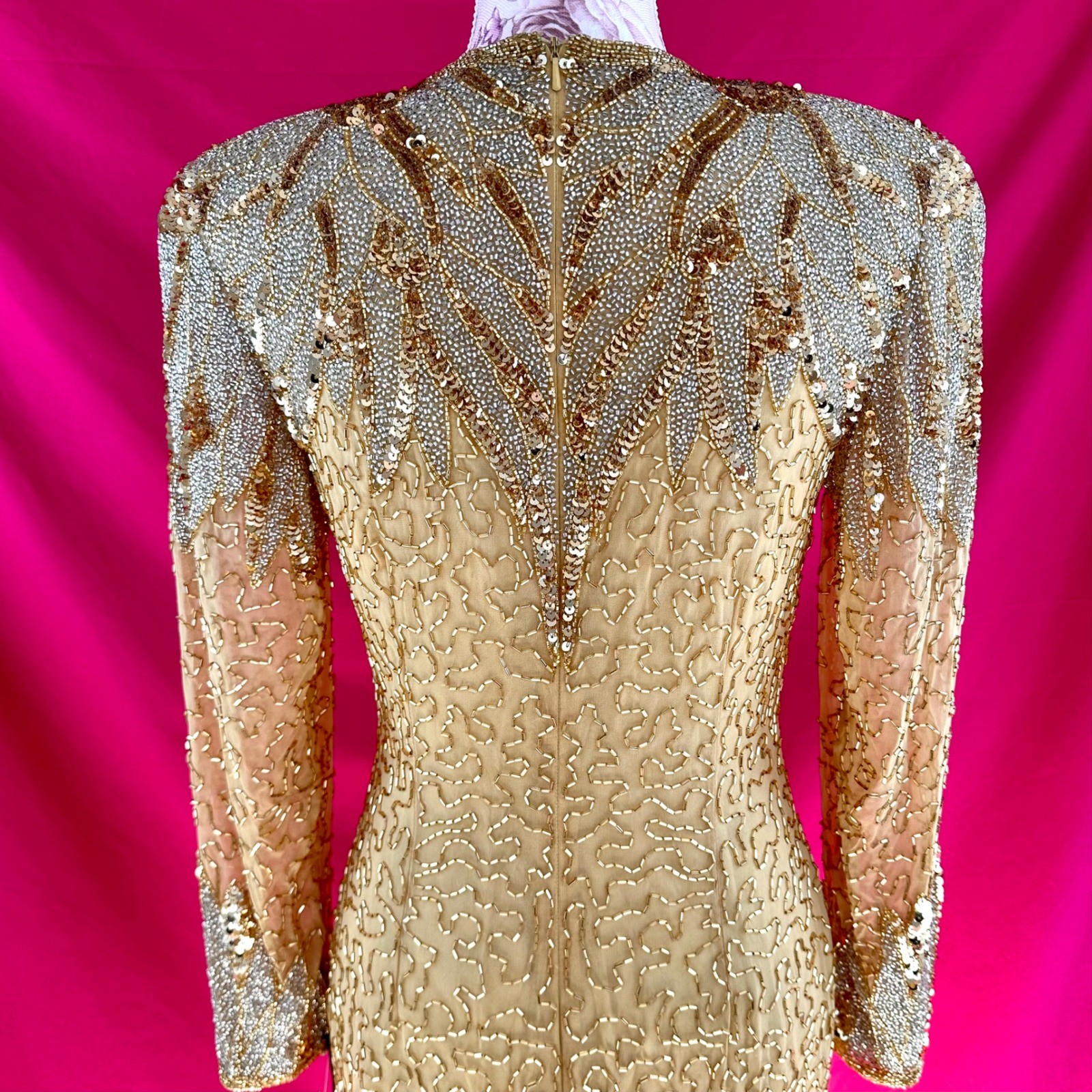 NWT Beaded Sequin Rhinestone Silk Gold Party Midi Dress Oleg Cassini Size 6 NYE