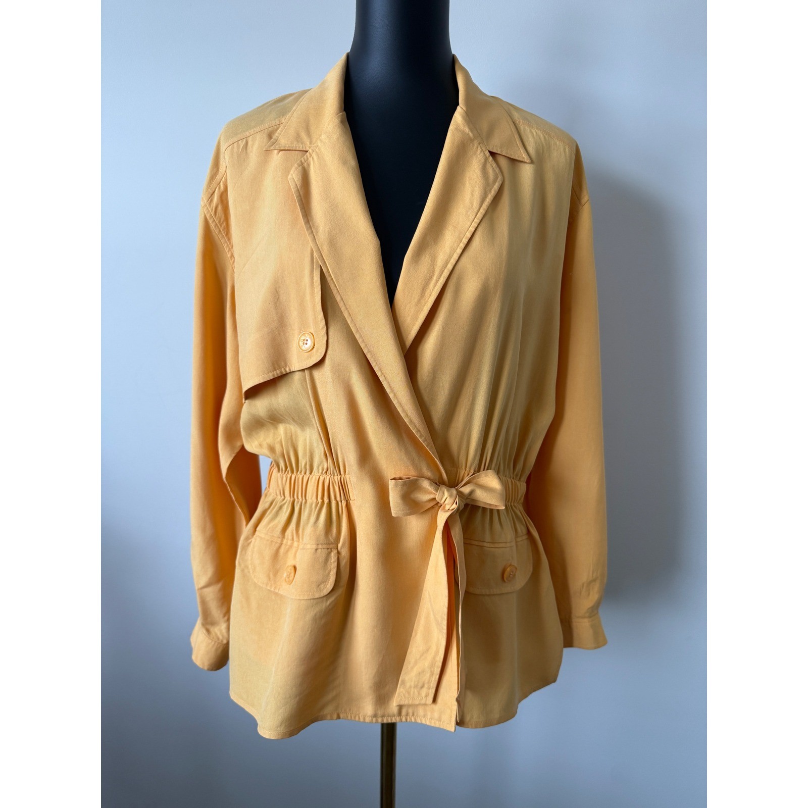 Norton McNaughton Petite Mustard Yellow 100% Silk Wrap Safari Jacket 12P Vintage