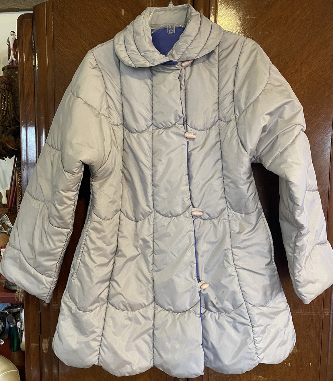 Vintage The Totes Coat Reversible Purple Silver Scalloped Hem Medium EUC Retro