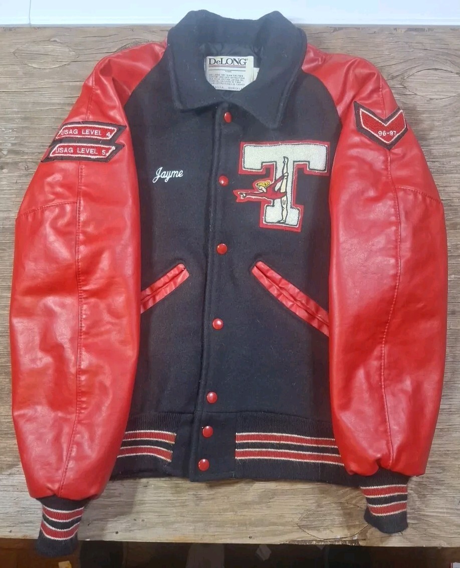 2 VTG DeLong Varsity Jackets Trinity Trojans Texas Gymnastics Sz XS Red Black