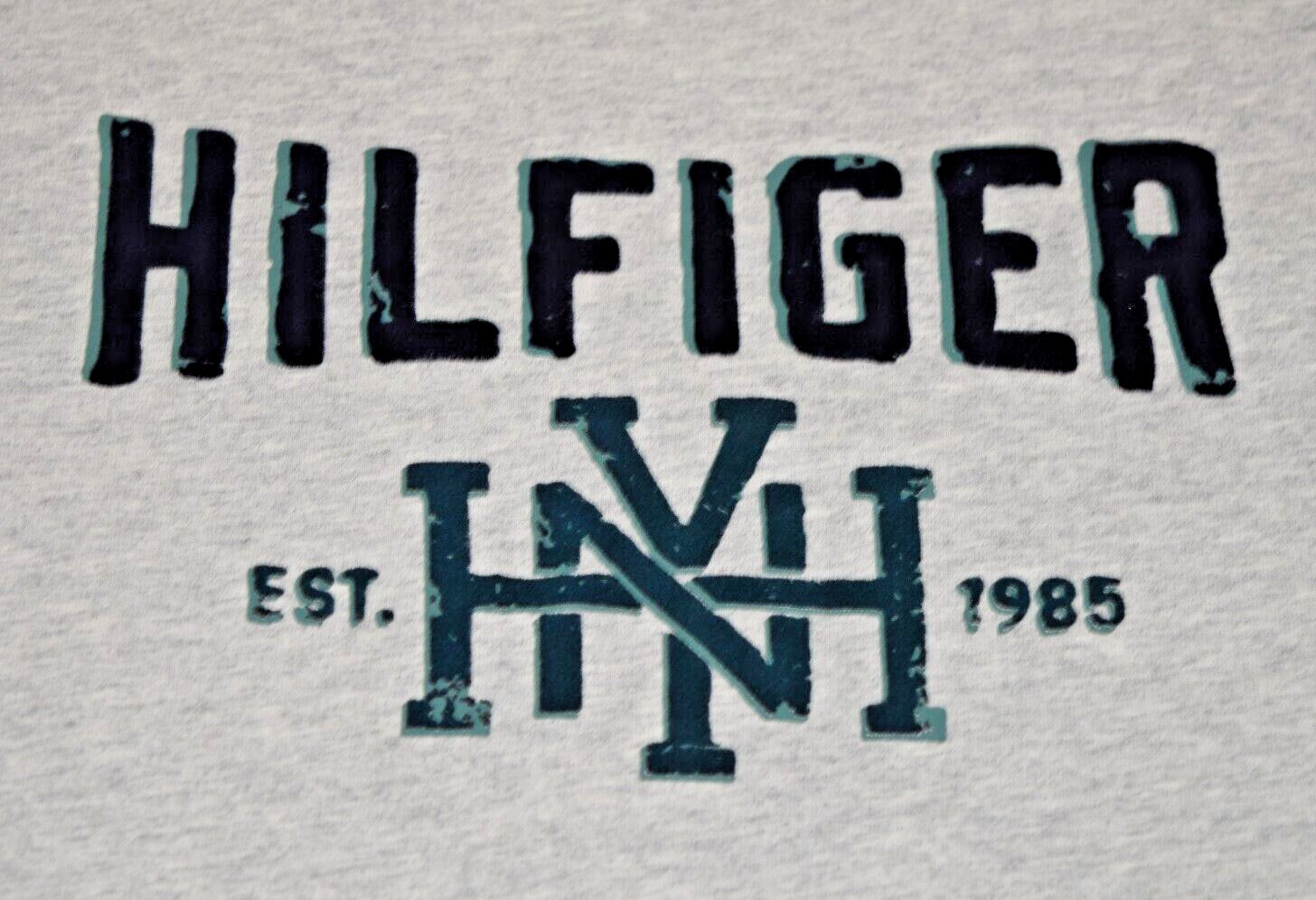 Vintage Tommy Hilfiger T-Shirt Size M 90s Gray Navy Blue Fuzzy Felt Letters