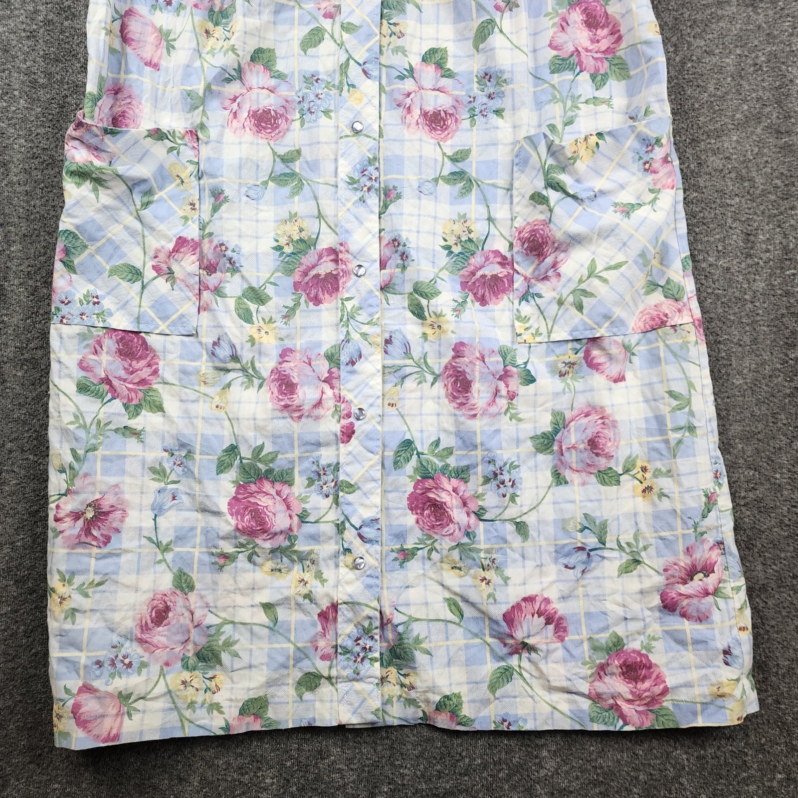 Leisure Life House Dress Womens Medium Blue Pink Floral Plaid Snap Front Duster