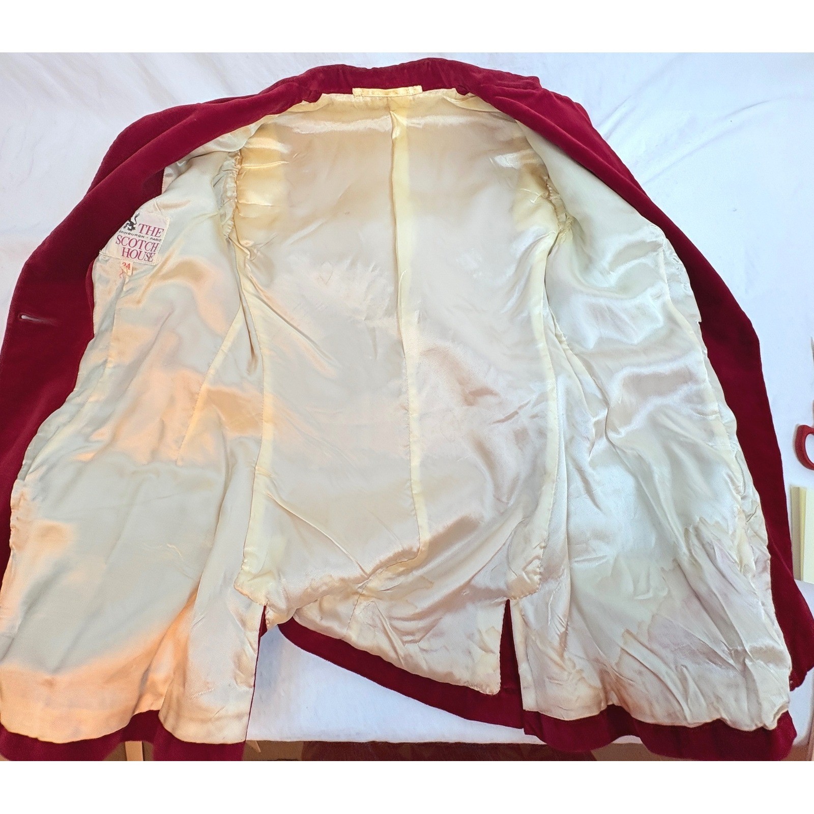 Scotch House Vtg Scarlet Red Velvet Riding Military Jacket Ornate Buttons sz 34