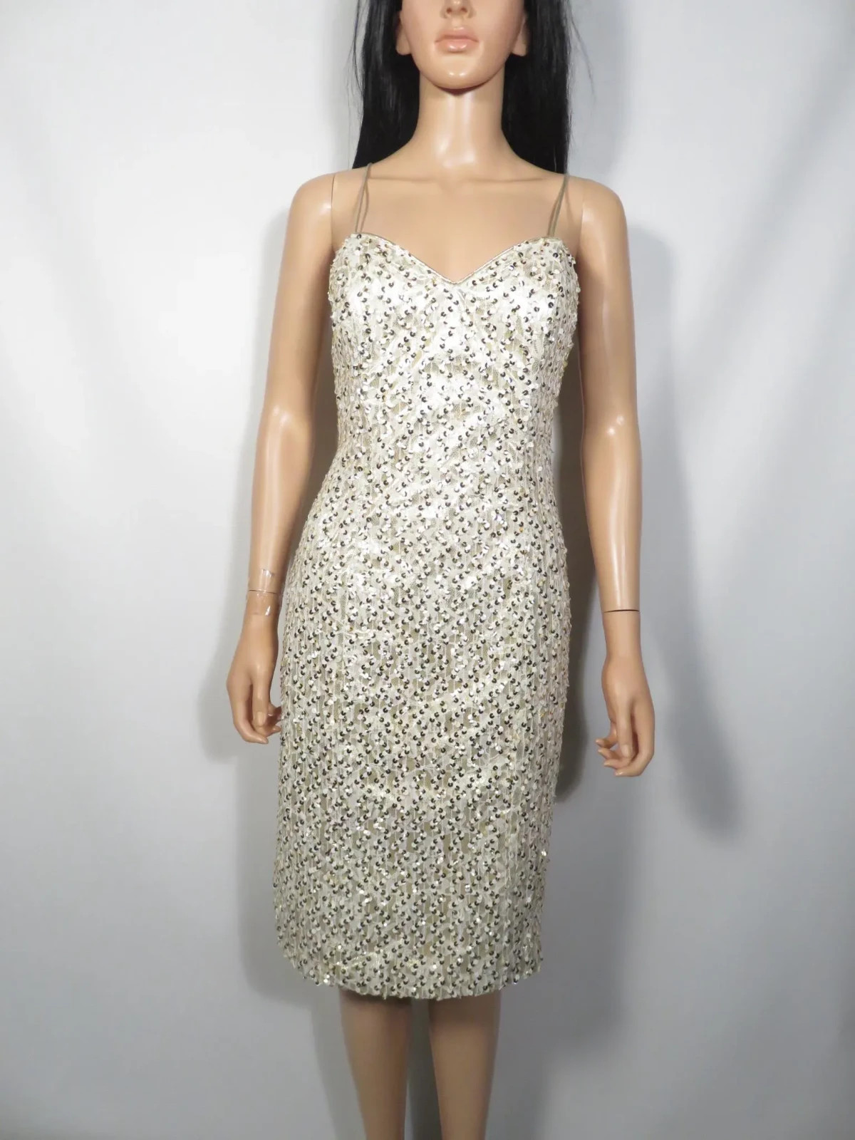 Vintage White And Gold Sequin Cache Lace Up Back Spaghetti Strap Dress Size S