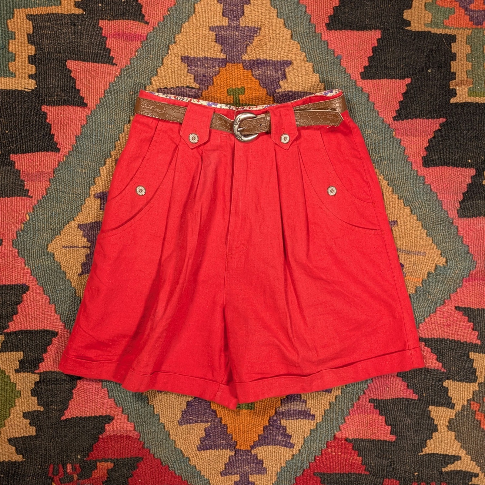 Vintage JJ Fargo Red High Waisted Pleated Shorts Ramie Cotton Size 7/8